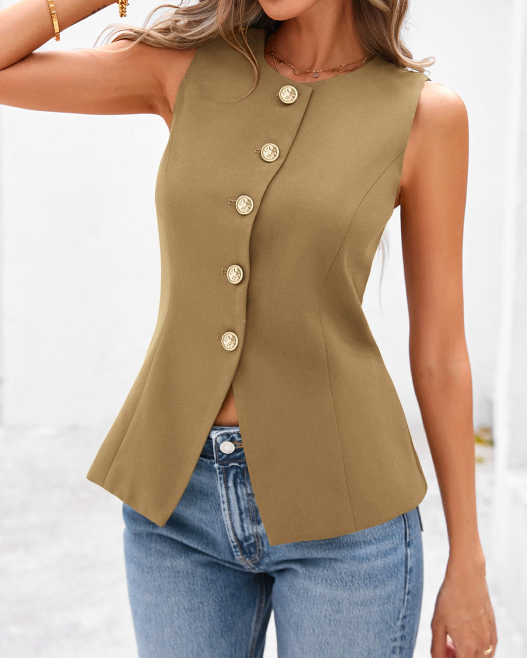 BTFBM Summer Sleeveless Blazer Vest For Women Dressy Button Down Round Neck Business Casual Outfits Work Suit Vests Tops