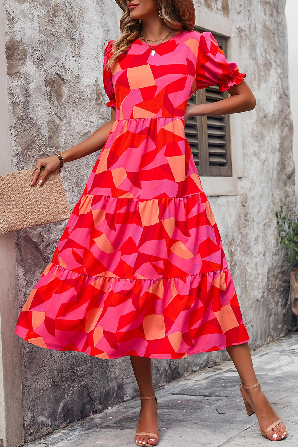 PRETTYGARDEN Summer Dresses for Women Casual Floral Boho Midi Sun Dress Puff Short Sleeve Flowy Beach Vacation Sundress