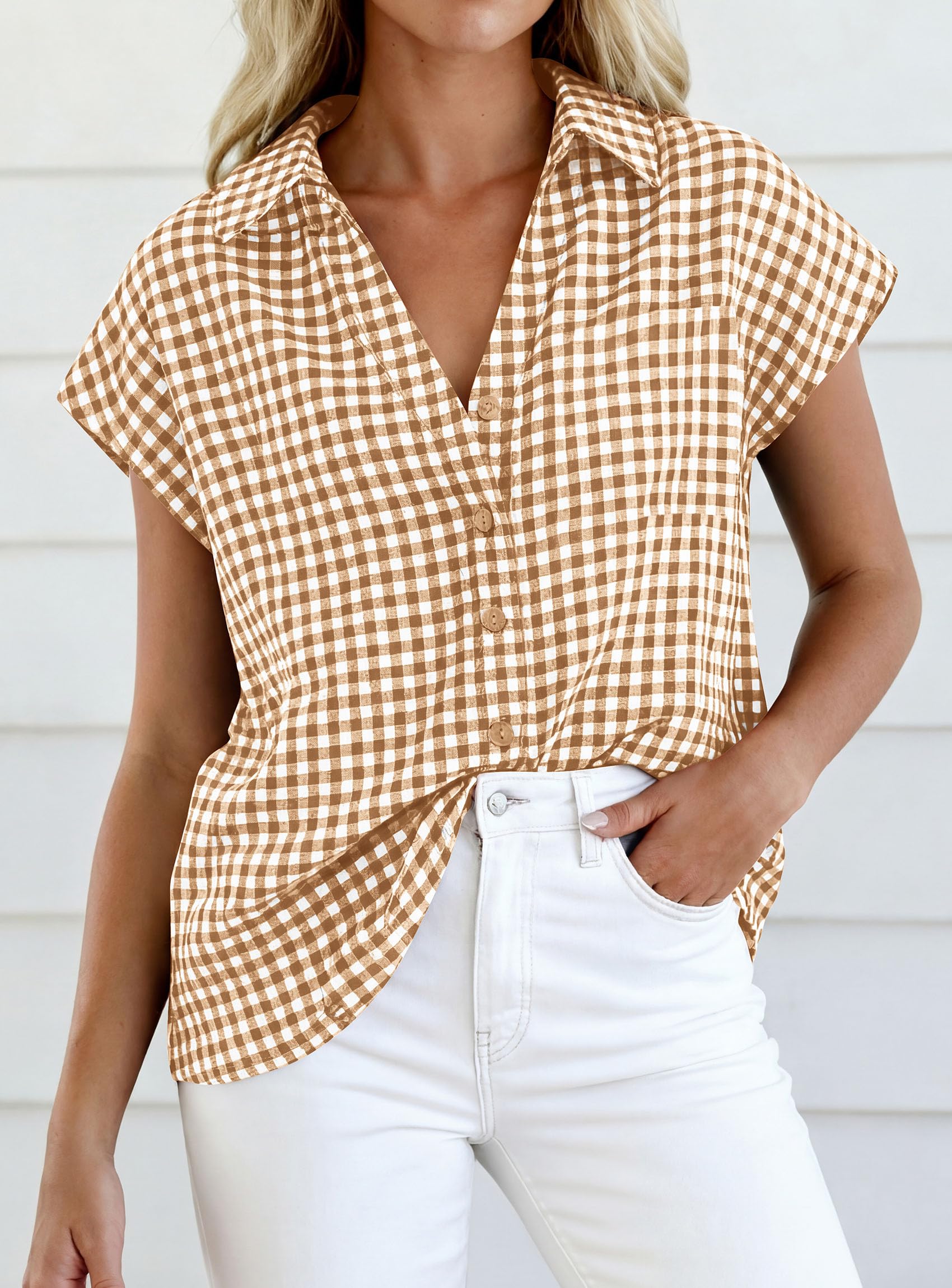 PRETTYGARDEN Womens Short Sleeve Shirts Plaid Button Down Blouse Dressy Casual Summer Spring Business Gingham Work Tops
