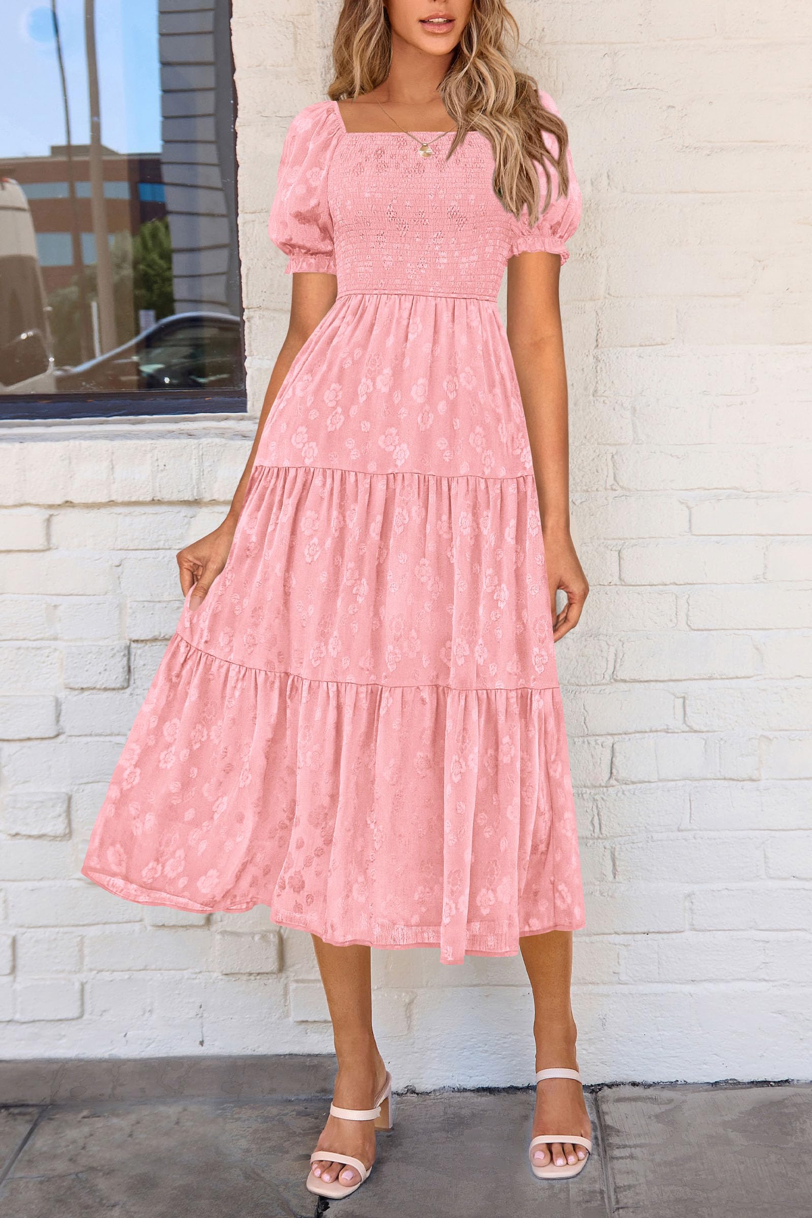 PRETTYGARDEN Women's Summer Casual Midi Dresses Square Neck Short Sleeve Smocked A Line Floral Flowy Elegant Boho Dress