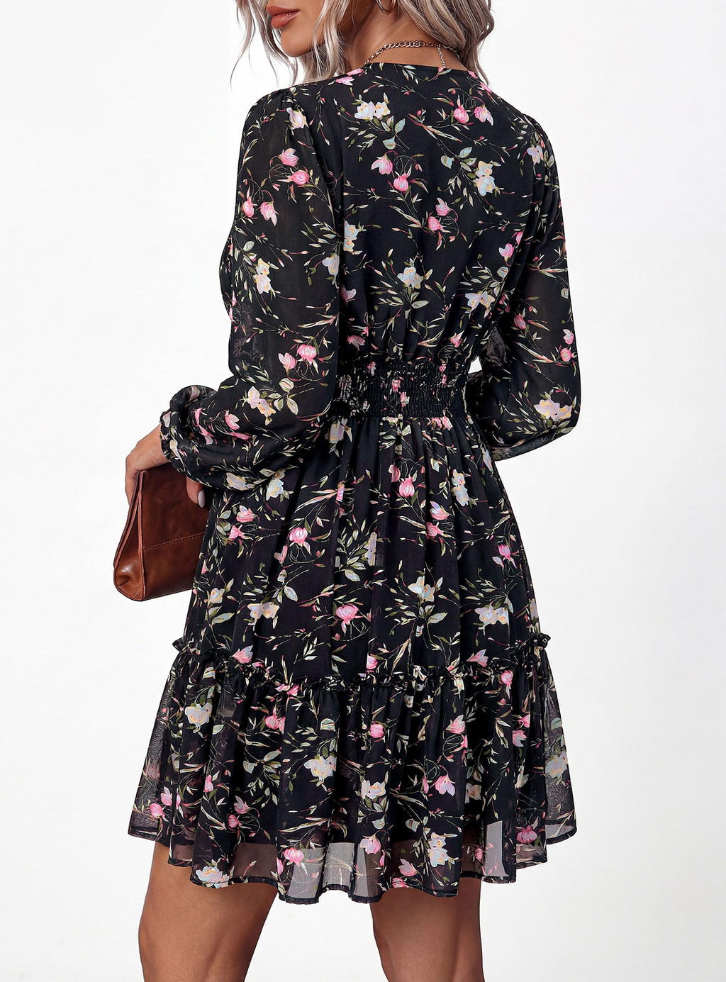 PRETTYGARDEN Women Floral Long Sleeve Mini Dress | Fall Wedding Guest Dresses, V Neck, Fit & Flare, Ruffle Hem A-Line, Short Chiffon Dress, Elegant Holiday Party, Date Outfits