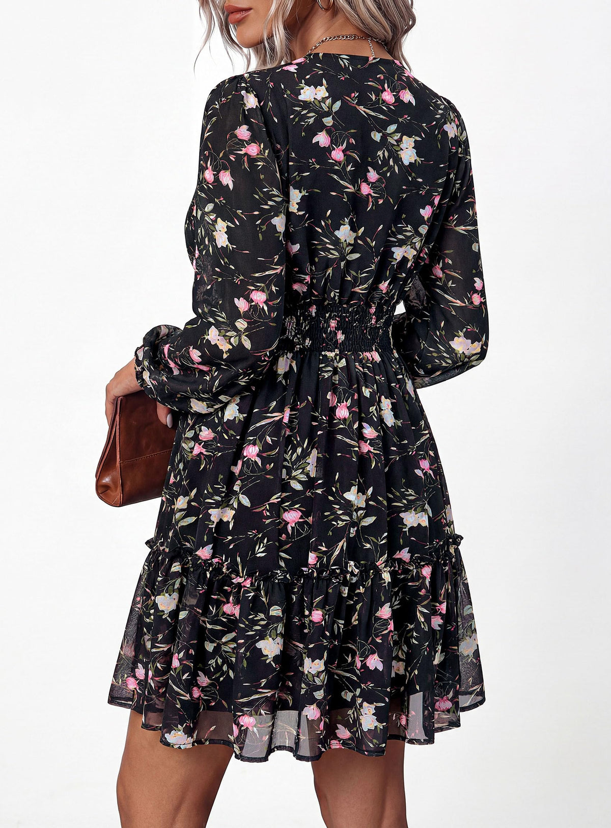 PRETTYGARDEN Women Floral Long Sleeve Mini Dress | Fall Wedding Guest Dresses, V Neck, Fit & Flare, Ruffle Hem A-Line, Short Chiffon Dress, Elegant Holiday Party, Date Outfits