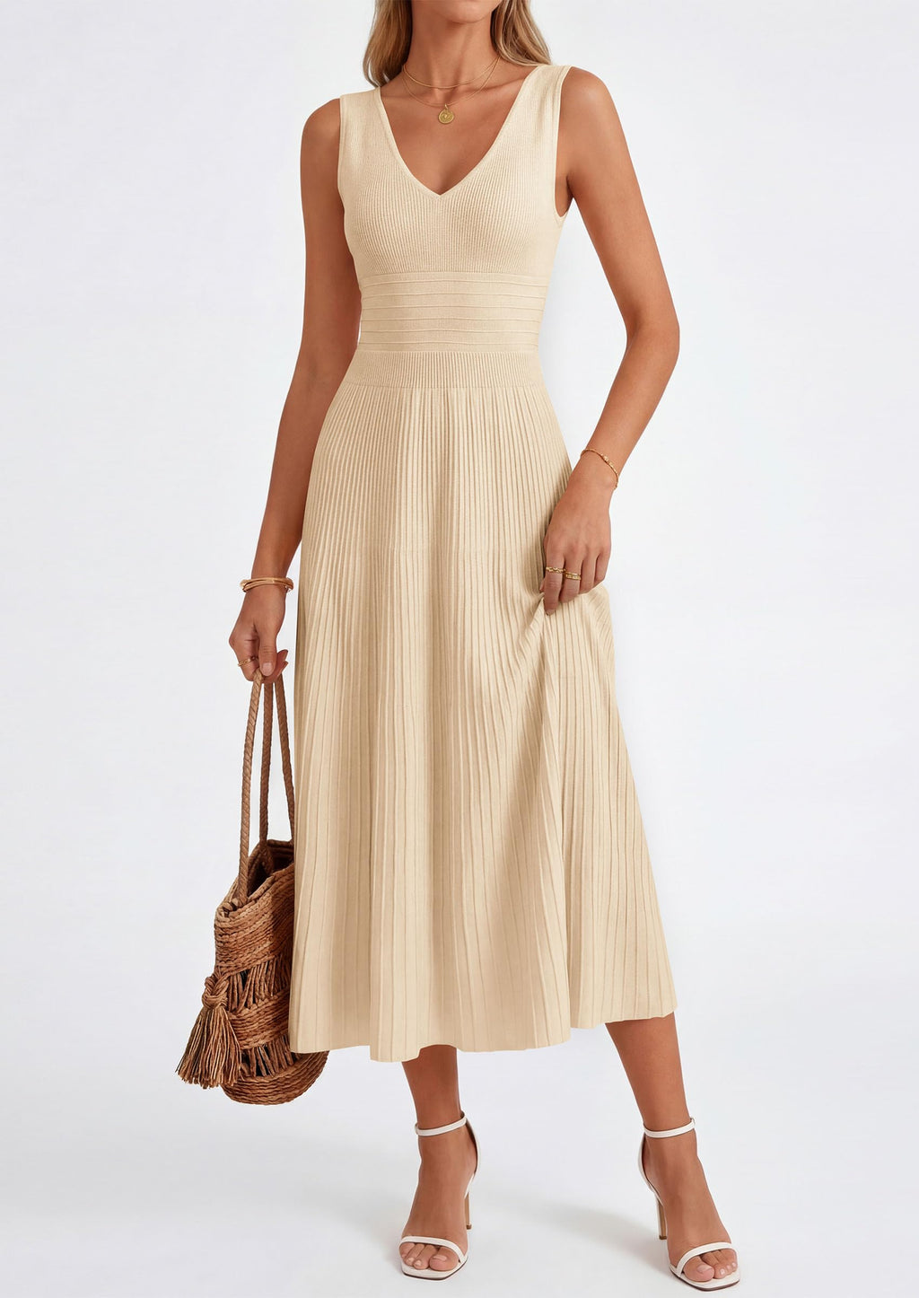 PRETTYGARDEN Women's Summer Casual Dresses Spring Sleeveless V Neck Knit Midi Business Work A Line Cocktail Dress