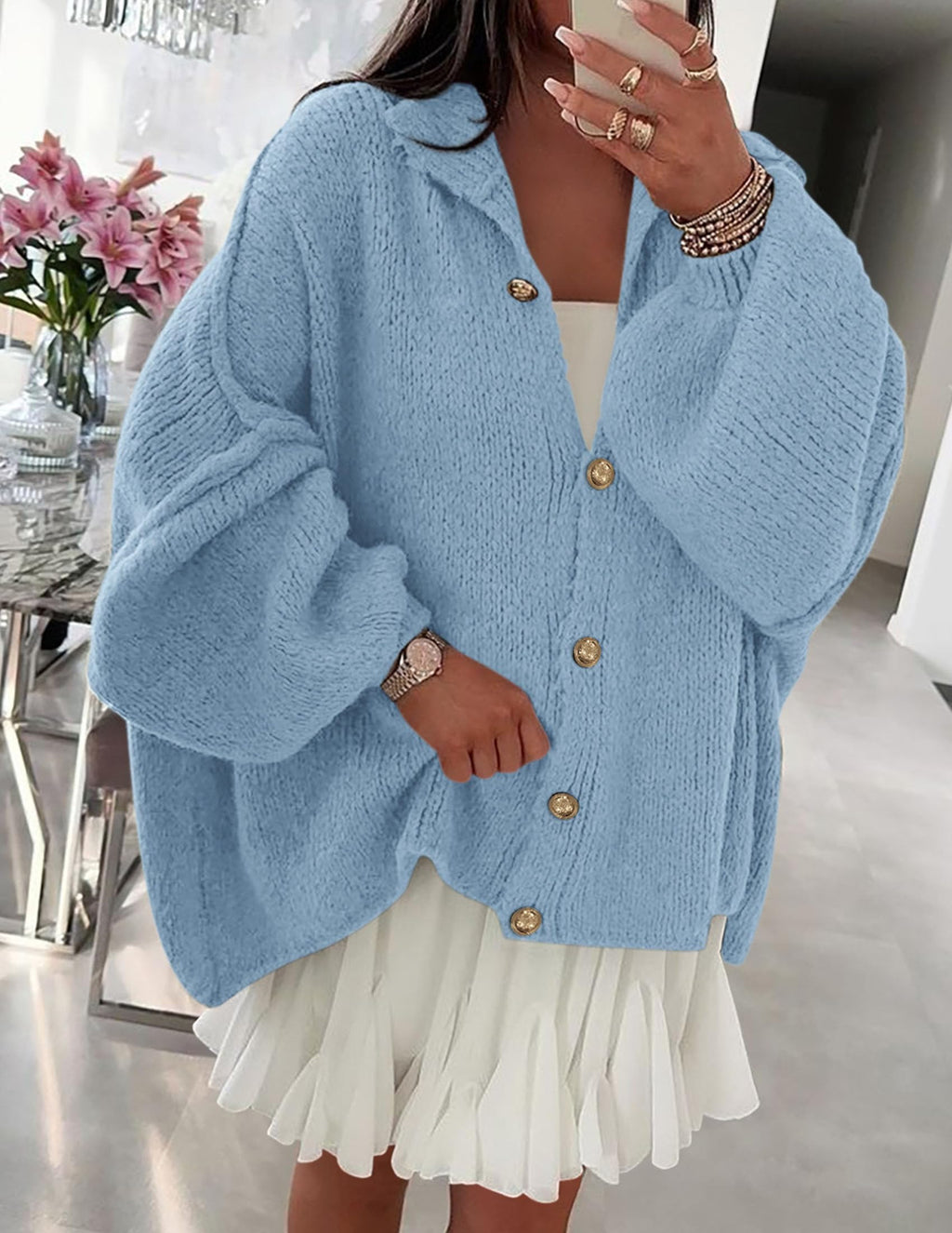 PRETTYGARDEN Women's Winter Button Down Cardigan Sweaters Mock Neck Lantern Long Sleeve Chunky Knit Jacket Trendy Outerwear