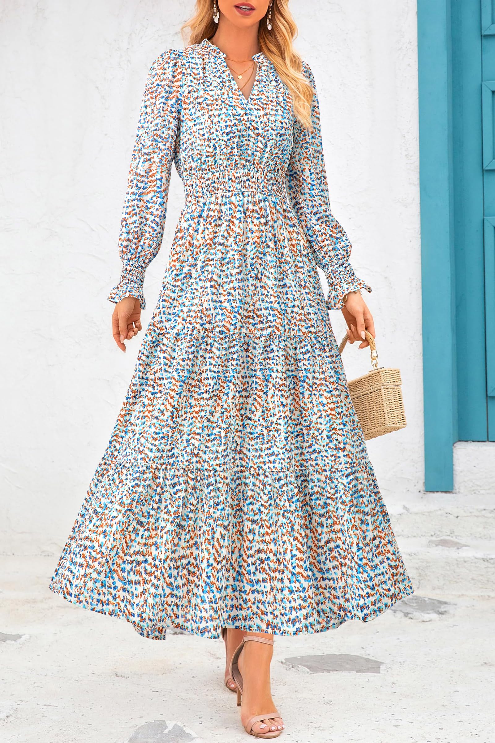 PRETTYGARDEN Women's Floral Maxi Dress Fall Long Sleeve V Neck Casual A Line Long Flowy Boho Party Dresses