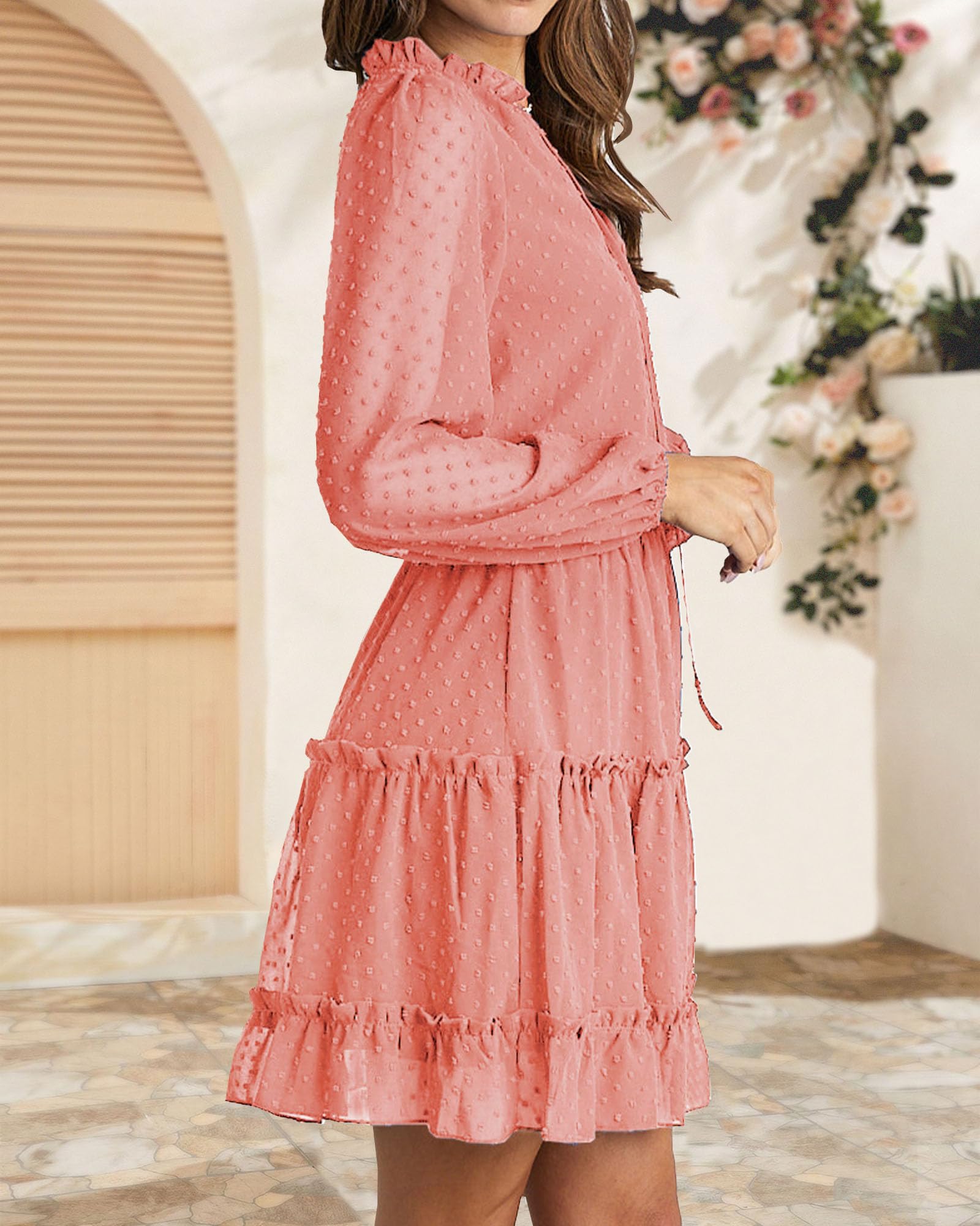 FreshPretty Long Sleeve Fall Dresses for Women Summer Casual Tie Neck Ruffle Tiered A Line Wedding Guest Short Mini Dress