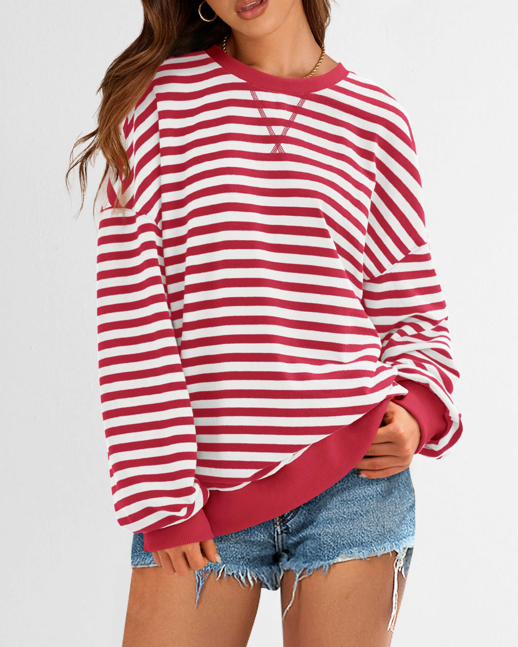 BTFBM Sweatshirt For Women Summer Crewneck Long Sleeve Oversized Striped Pullover Tops Y2K Clothes Workout Shirt