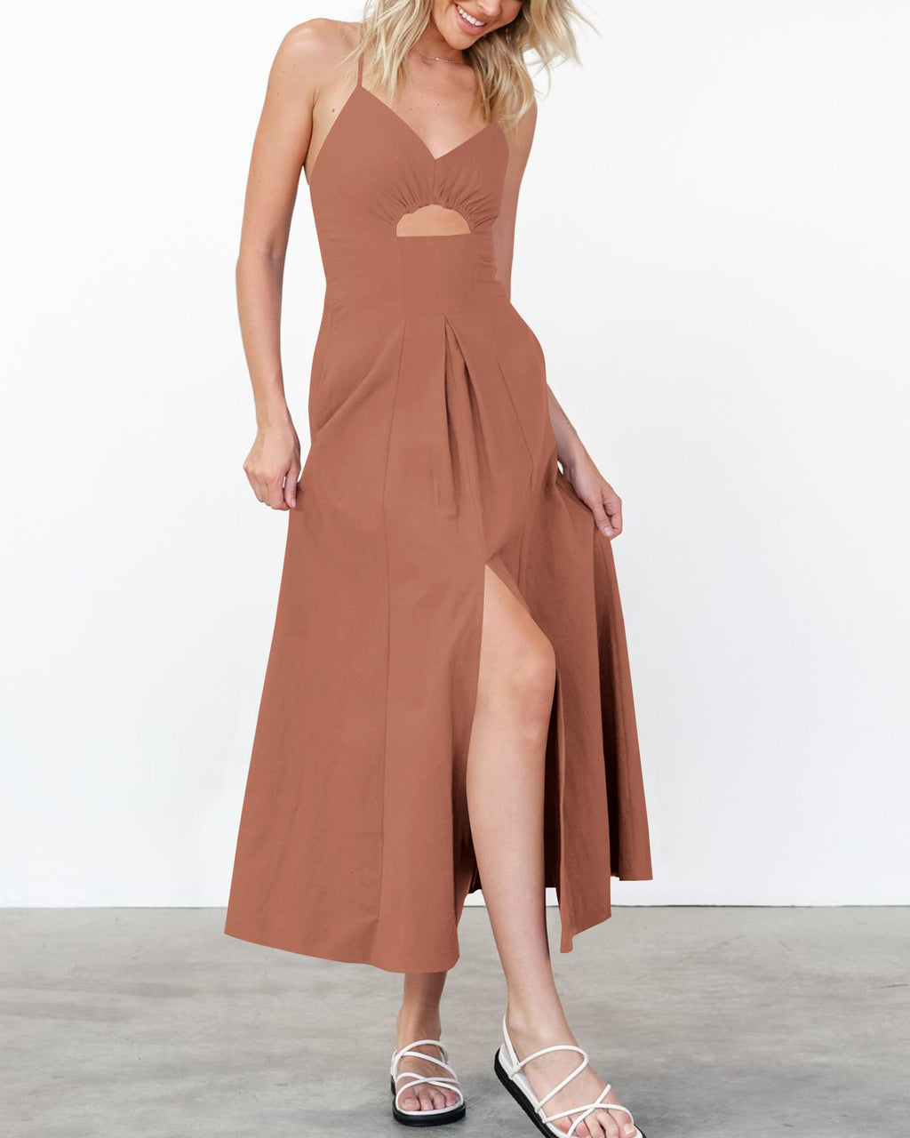 BTFBM Women Spaghetti Strap Midi Summer Dresses Sleeveless V Neck Cutout Slit Casual Beach Party Maxi Dress Pockets