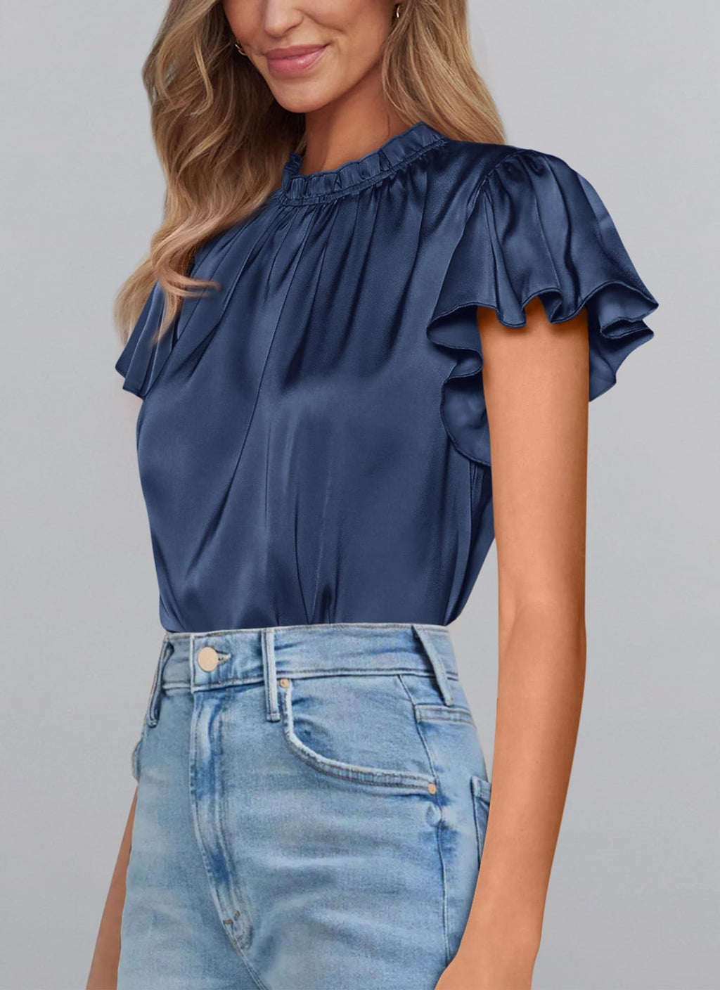 PRETTYGARDEN Business Casual Tops for Women Blouses Dressy  Summer Short Sleeve Ruffle Satin Work Office Attire