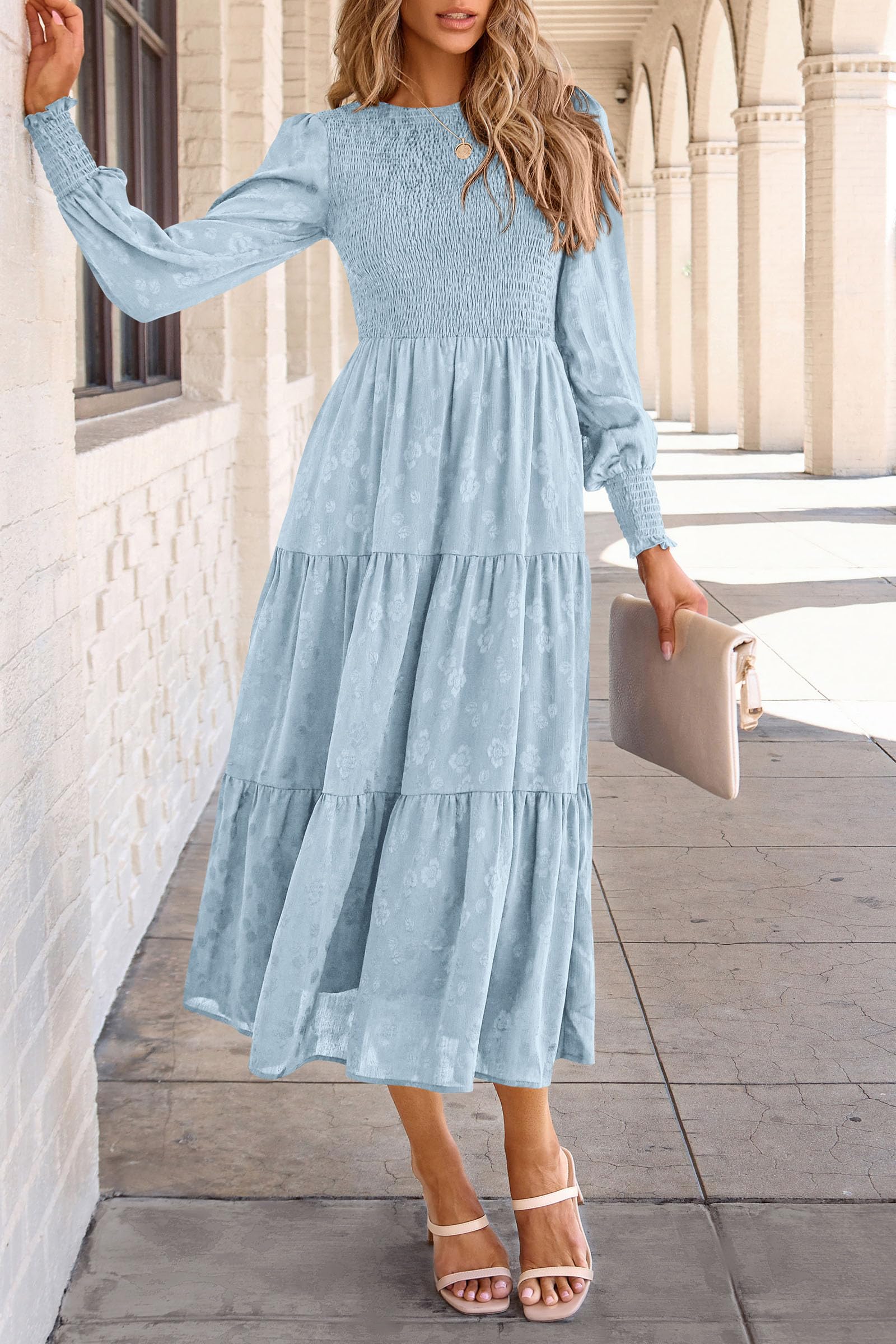 PRETTYGARDEN Women's Fall Spring Midi Dress Long Sleeve Floral Smocked Elegant Wedding Guest Long Flowy Dresses with Pockets