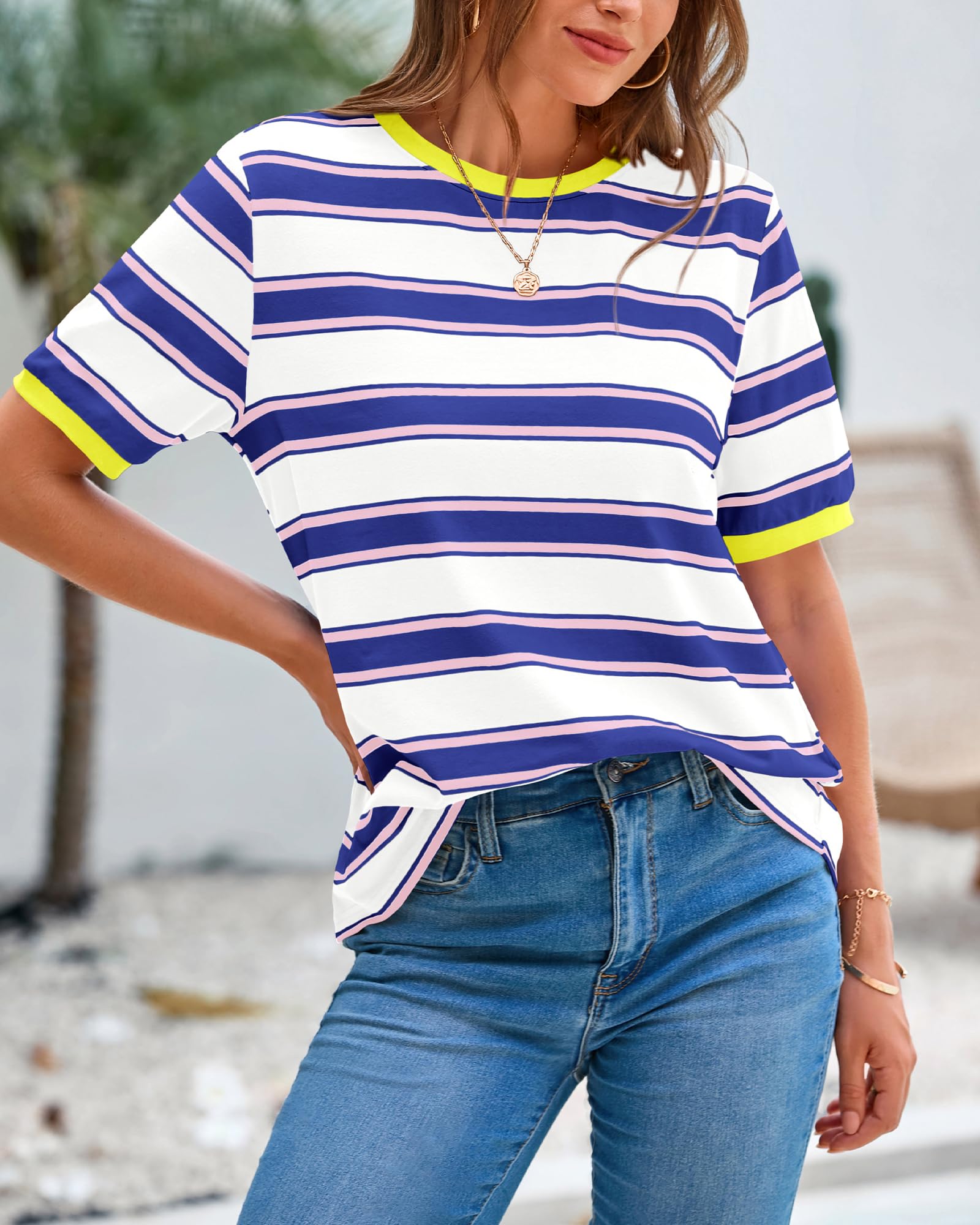 BTFBM Summer Tops for Women Crewneck Short Sleeve Striped T Shirts Casual Spring Clothes Color Block Basic Tee Blouses