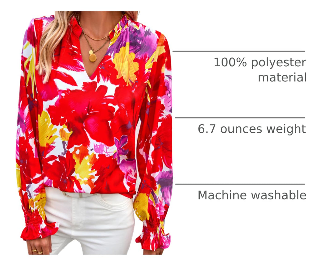 FreshPretty Womens V Neck Floral Long Sleeve Tops Summer Casual Loose Puff Sleeve Chiffon Boho Work Blouse Dressy T Shirts
