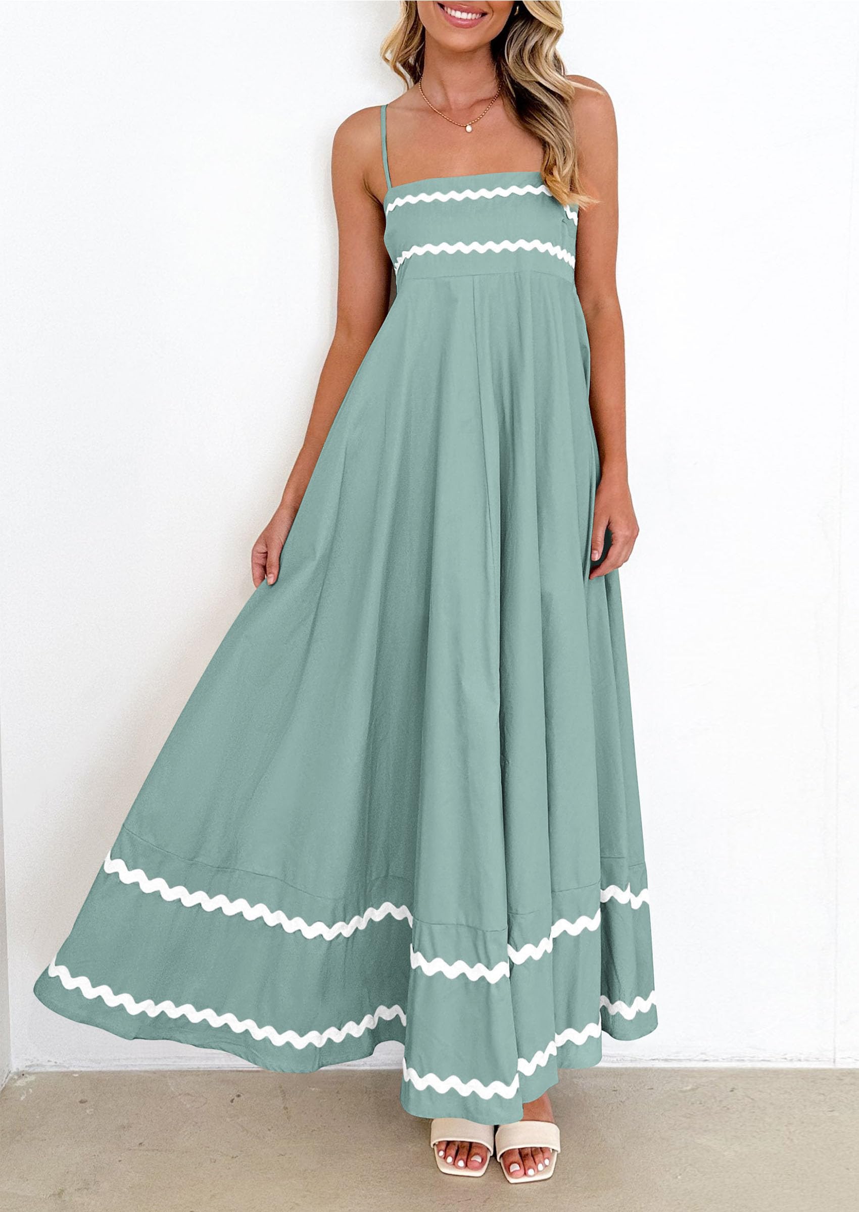 PRETTYGARDEN Women's Summer Flowy Maxi Dress Casual Sleeveless Spaghetti Strap Ruffle Beach Long Dresses