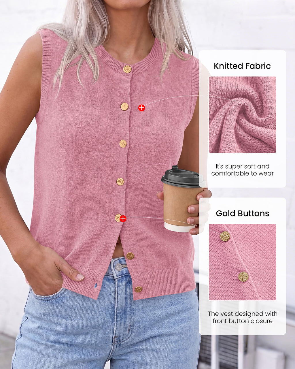 BTFBM Sweater Vest Women Casual Crewneck Loose Button Down Knit Sleeveless Cardigan Spring Clothes Summer Vest Tops