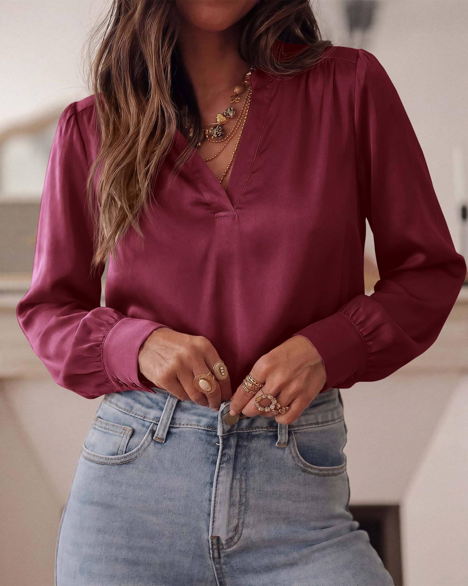 BTFBM Satin Blouses for Women Dressy Casual | Lightweight,V Neck,Long Sleeve Tops,Going Out Outfits,Fall Fashion Clothing