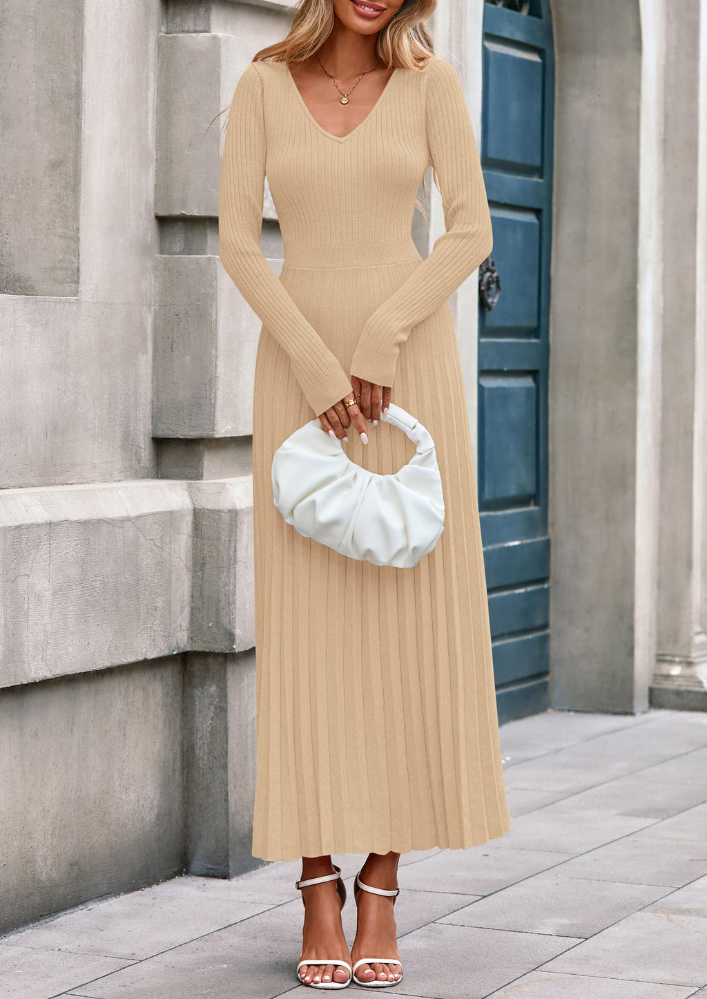 PRETTYGARDEN Women Sweater Dress Fall Fashion Long Sleeve V Neck Ribbed Knit Pleated A Line Elegant Maxi Winter Dresses