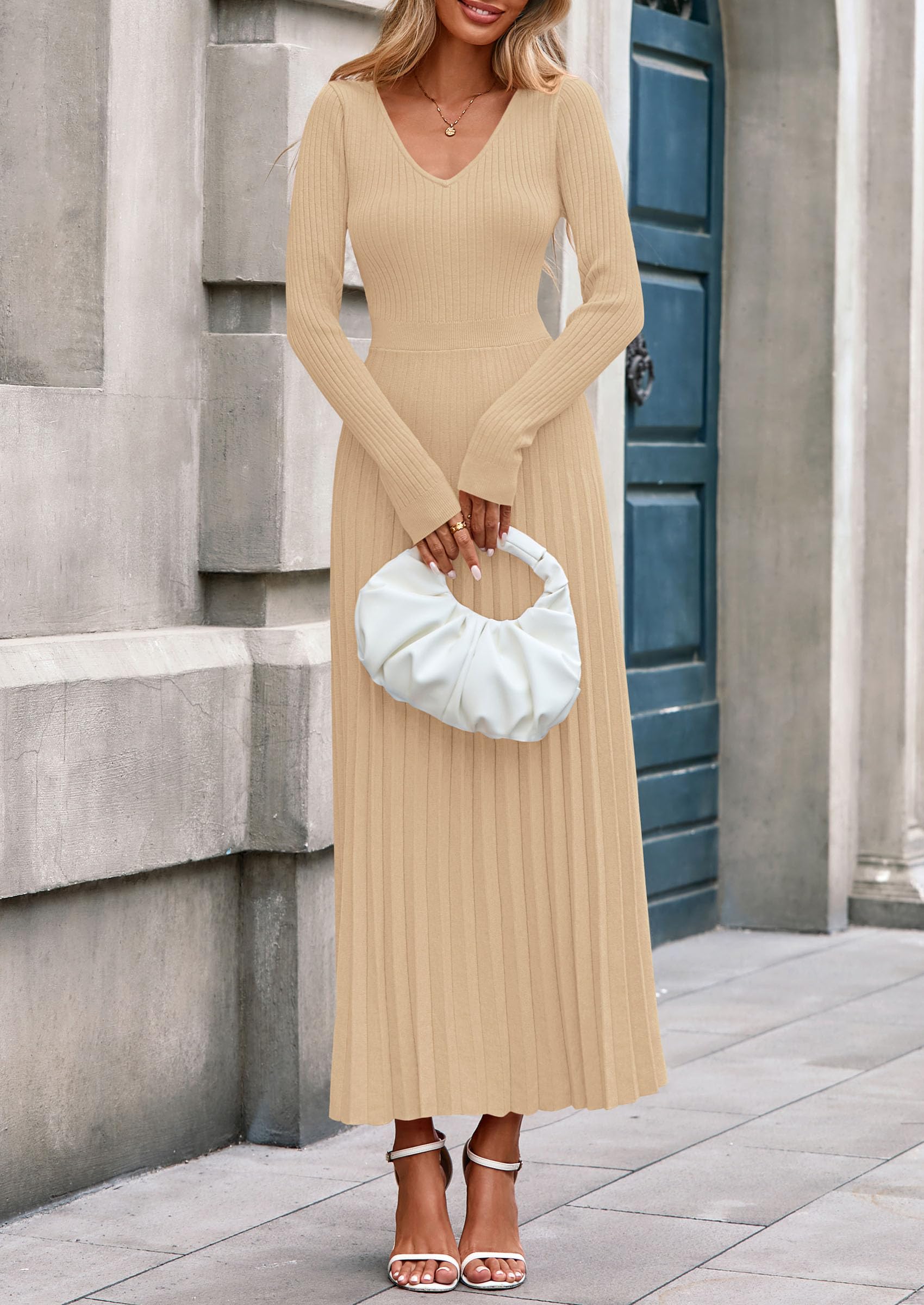 PRETTYGARDEN Women Sweater Dress Fall Fashion Long Sleeve V Neck Ribbed Knit Pleated A Line Elegant Maxi Winter Dresses