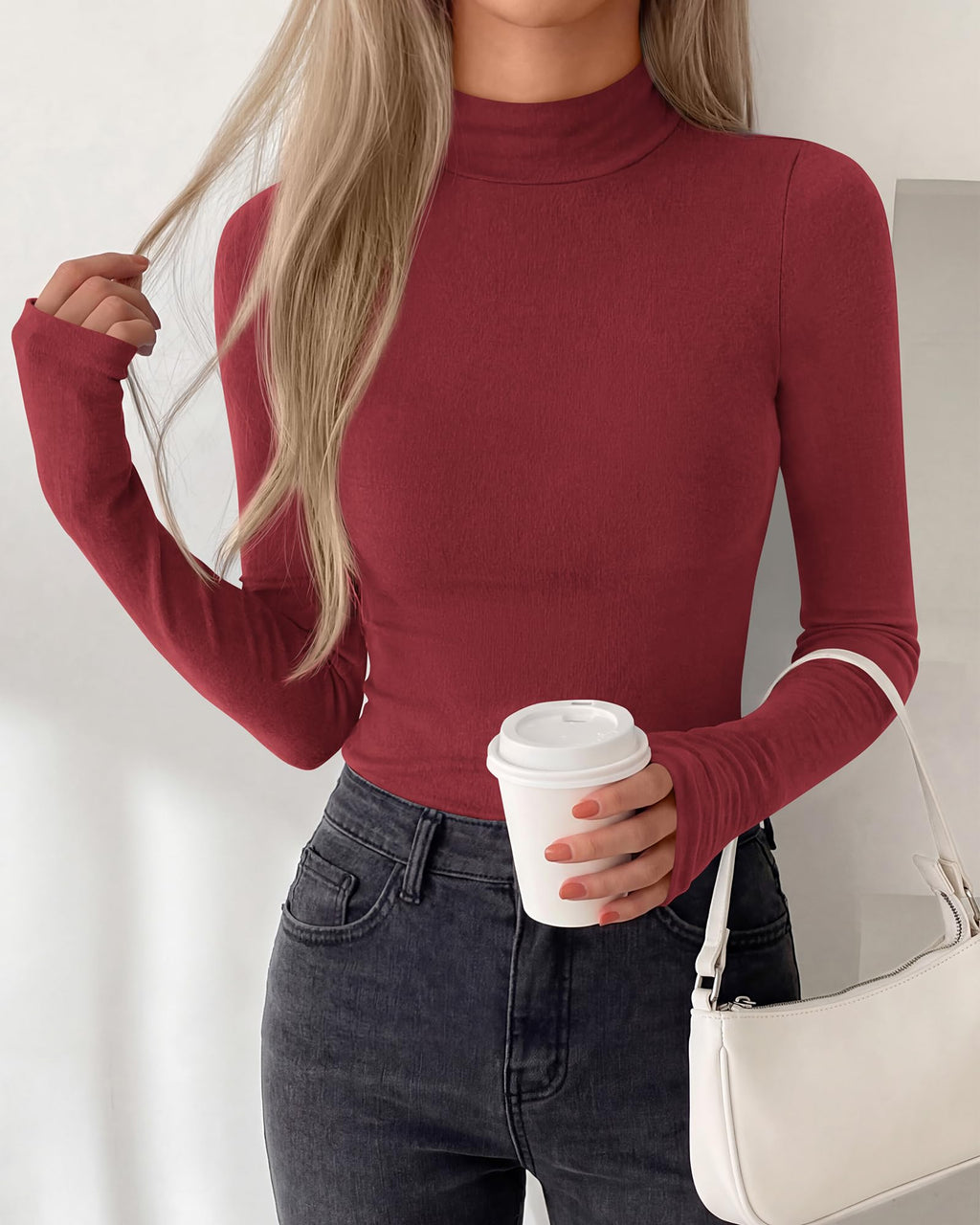 BTFBM Turtleneck Tops for Women Thumbhole Long Sleeve Shirts | Lightweight Fleece Lining, Casual Basic Layering Top, Slim Fit Stretch Winter Thermal Underwear, Fall Fashion Clothing