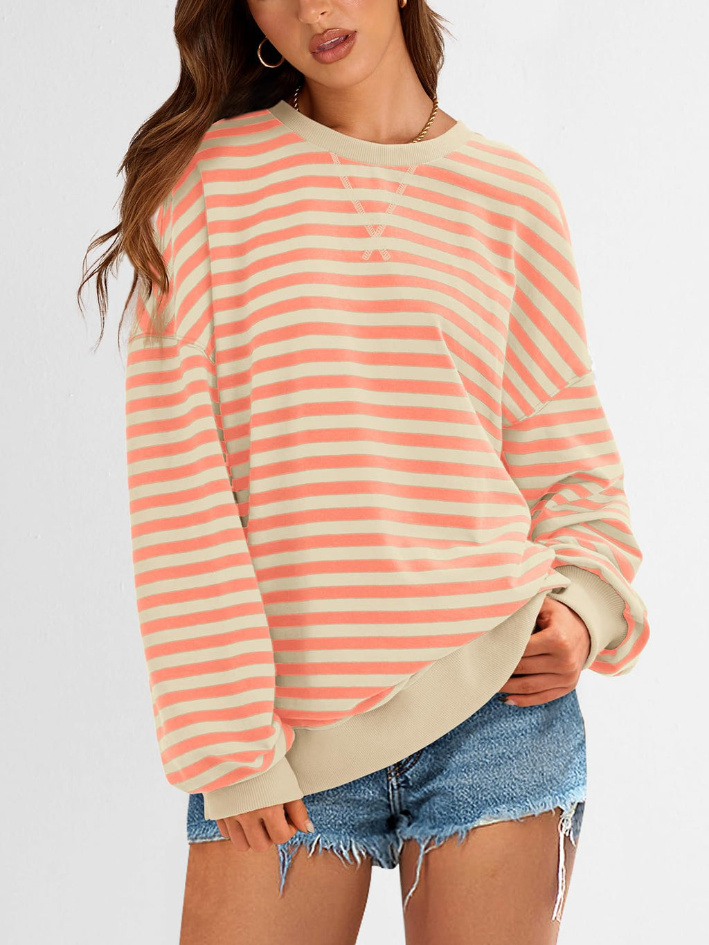 PRETTYGARDEN Womens Striped Oversized Sweatshirt Color Block Crew Neck Long Sleeve Casual Loose Pullover Top Y2K Clothes
