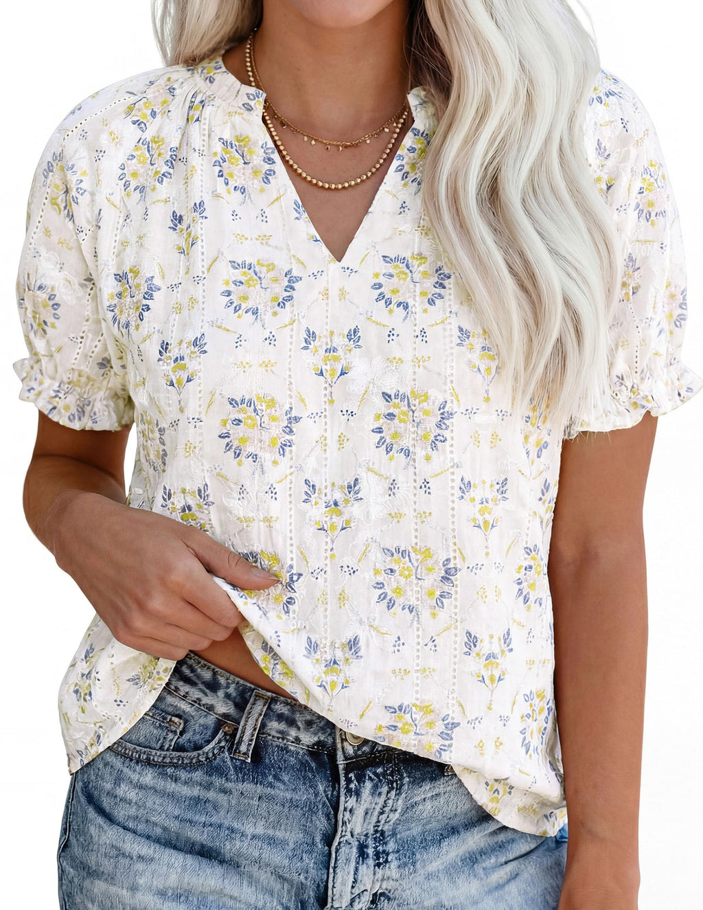 PRETTYGARDEN Summer Short Sleeve V Neck Shirts for Women Trendy Floral Print Loose Ruffle Tops Business Casual Blouses