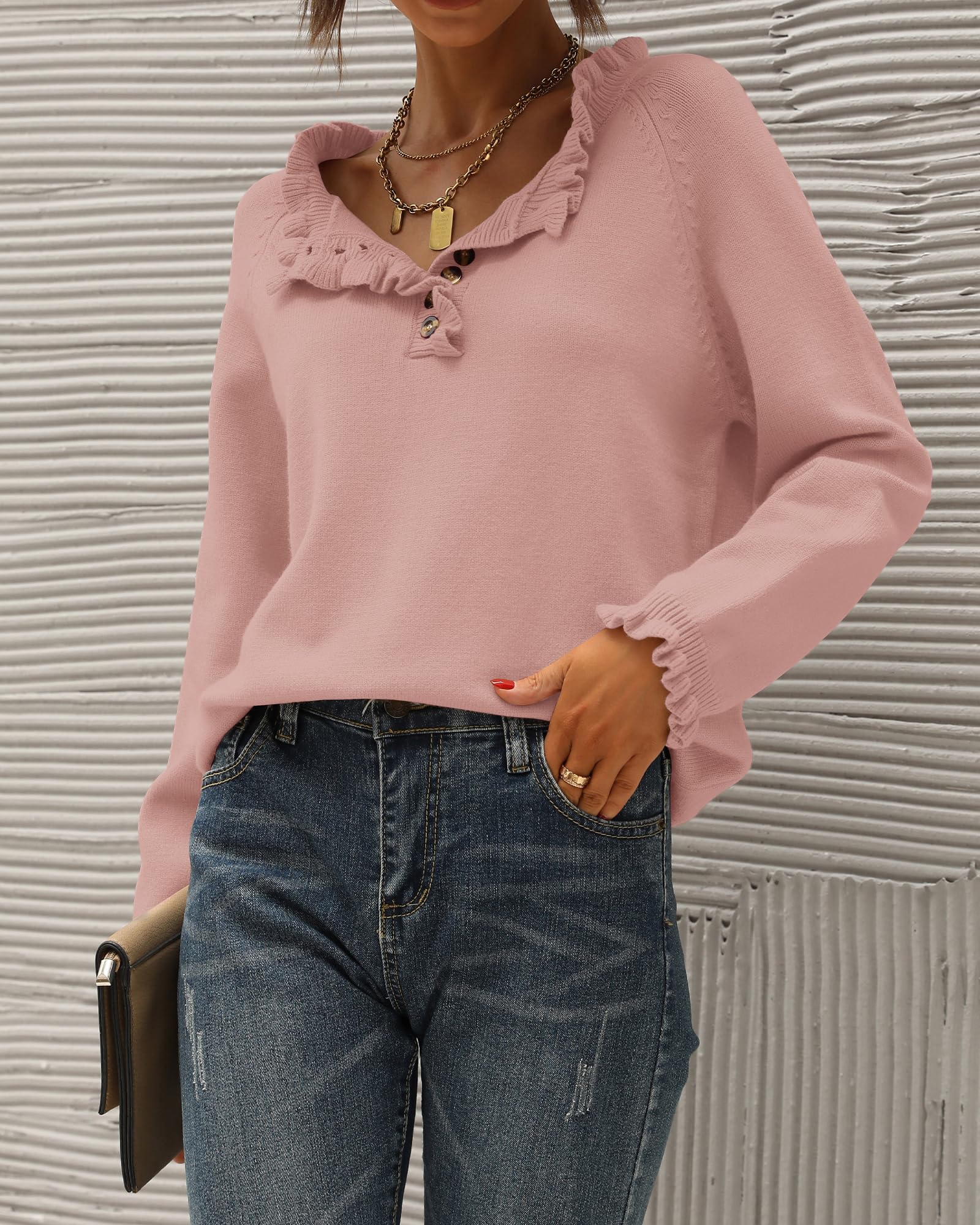 FreshPretty Womens Sweaters Fall Winter Clothes Long Sleeve Button Down Ruffle Crew Neck Casual Knitted Pullover Tops
