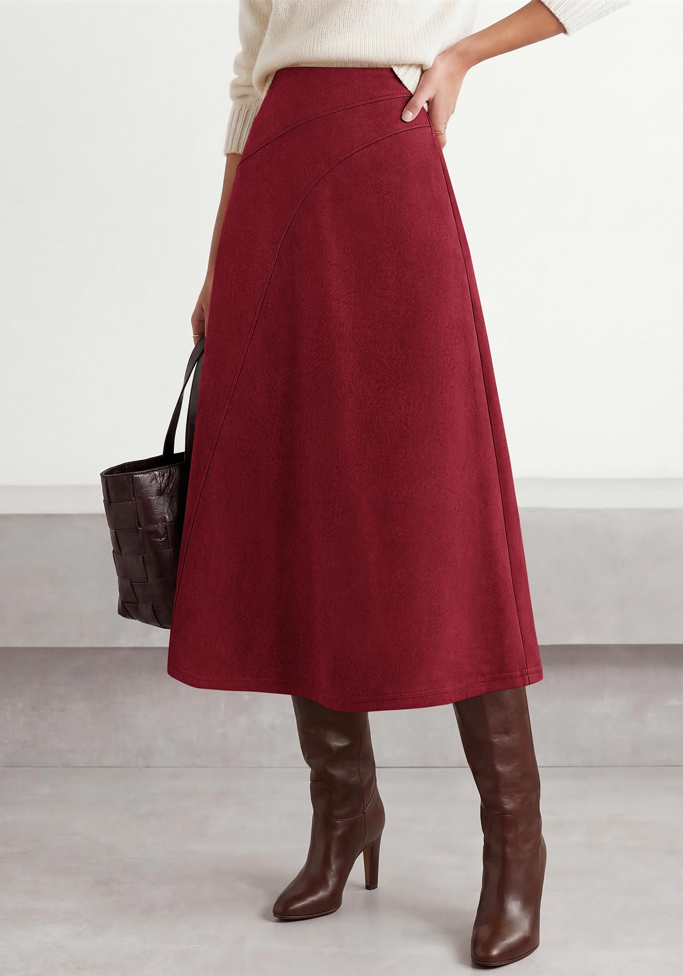 BTFBM Women Faux Suede Midi Long Skirt Fall Fashion | High Waisted Skirts For Women Trendy, Lightweight, Back Elastic, Arc Line Design, A-Line, Winter Dress, Boho Western Outfits