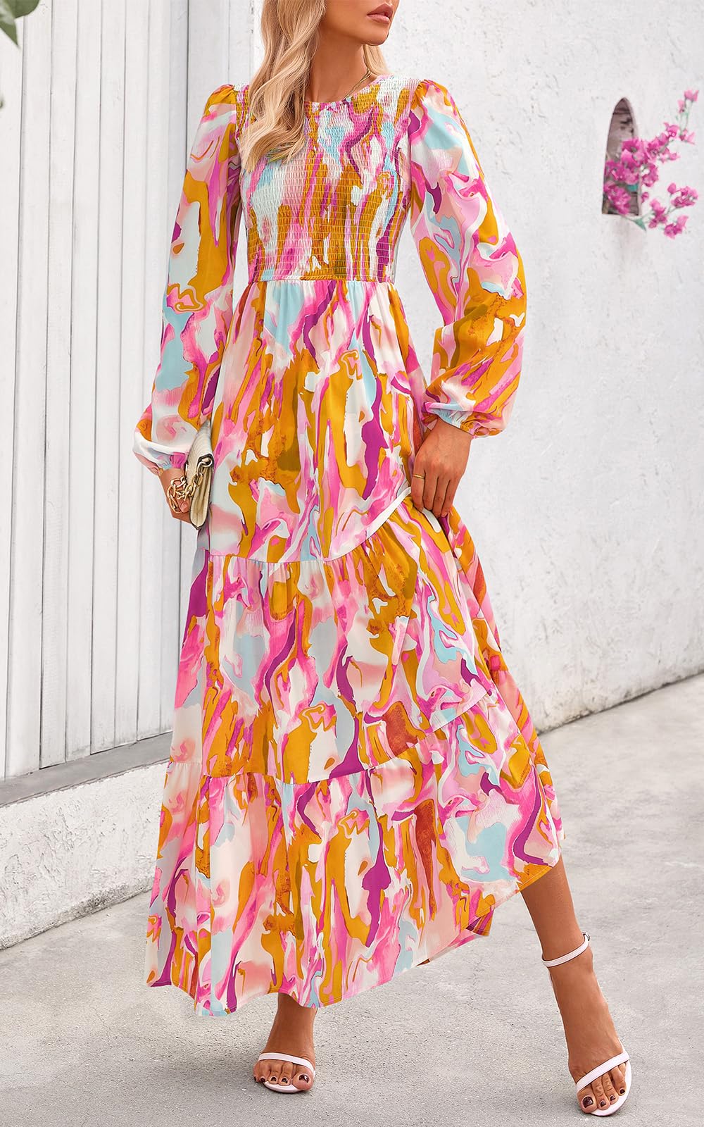 PRETTYGARDEN Women's Fall Dresses Long Sleeve Flowy Casual Floral Maxi Dress Crew Neck Smocked Tiered Long Dress