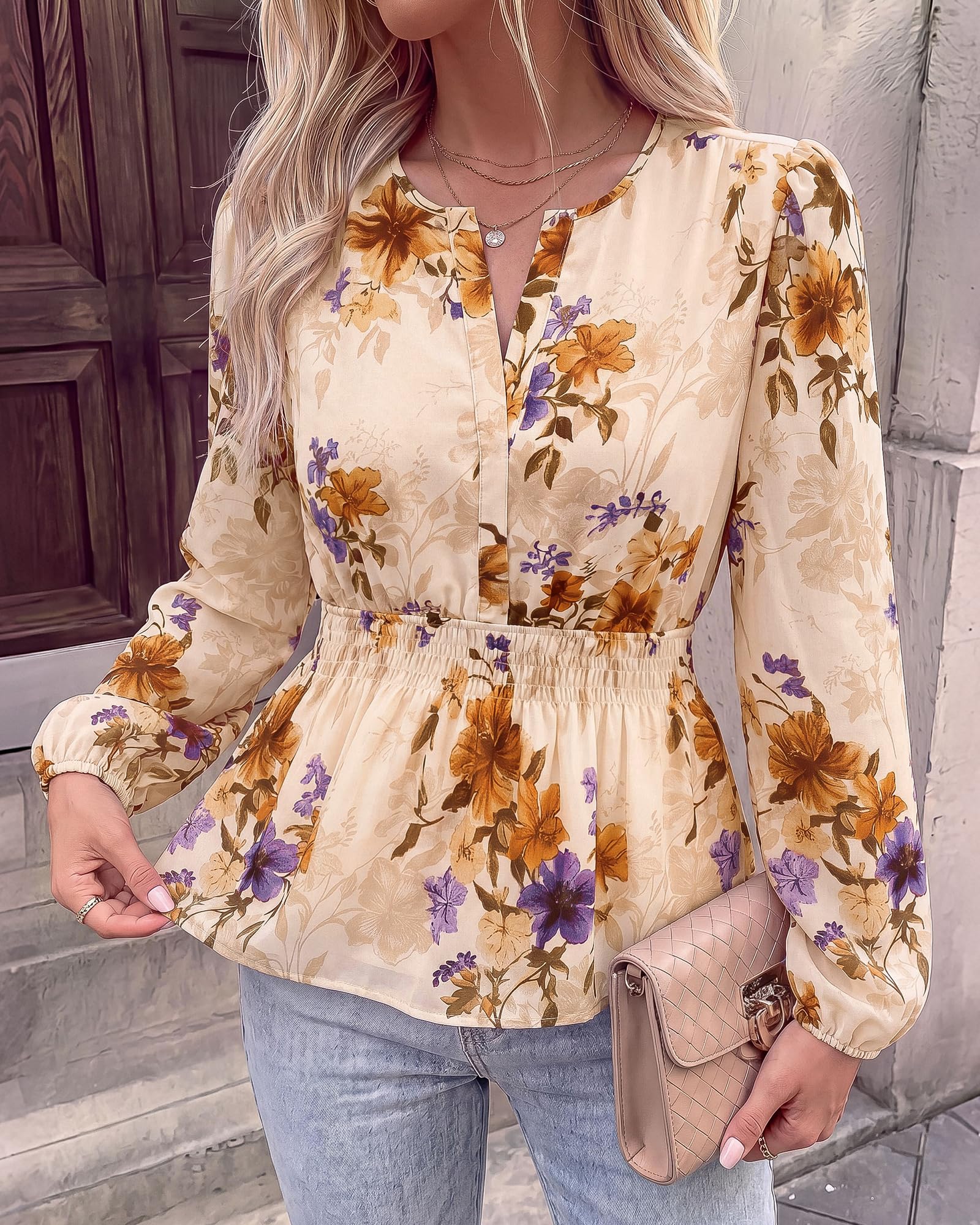 BTFBM Womens Tops Dressy Casual Floral V Neck Long Sleeve Chiffon Shirts | Chiffon Lantern Sleeve Flowy Peplum Sheer Top,Elastic Waist Babydoll Blouses,Boho Vacation Outfits,Fall Fashion Clothing