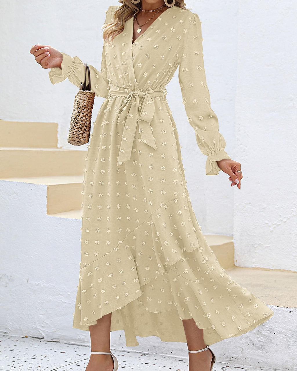 FreshPretty Long Sleeve Maxi Dresses for Women V Neck Swiss Dot Boho Flowy Slit Cocktail Wedding Guest Dress Fall Clothes