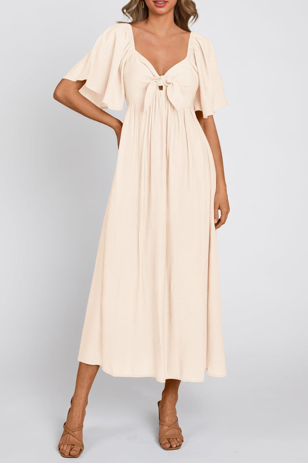 PRETTYGARDEN Summer Dress for Women Casual Short Sleeve Bow Tie V Neck Ruffle Midi Flowy Dresses