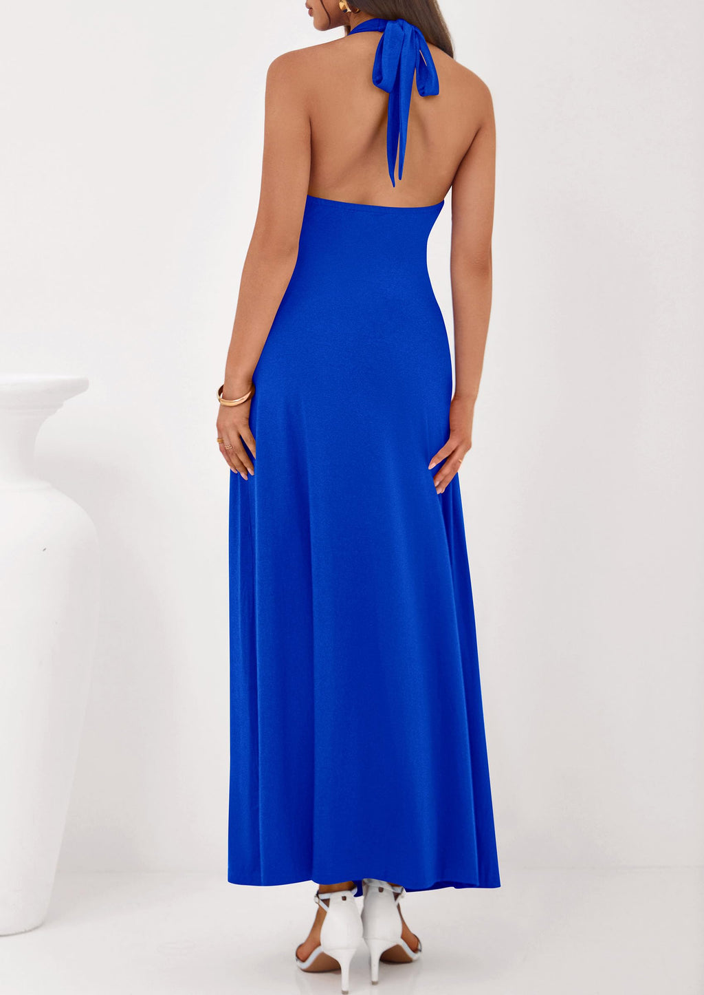 PRETTYGARDEN Holiday Cocktail Dresses for Women Summer Elegant V Neck Halter Backless Wedding Guest Party Midi Dress