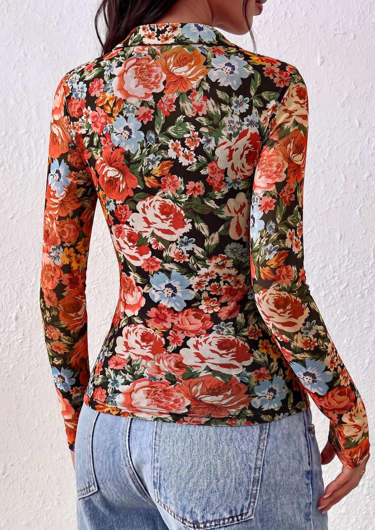 PRETTYGARDEN Women's Long Sleeve Boho Floral Mesh Tops Fall V Neck Blouses,Fitted Polo Shirts, Collared, Double Lined, Dressy Casual, Going Out Date Night Outfits, Spring Lightweight Travel Clothes