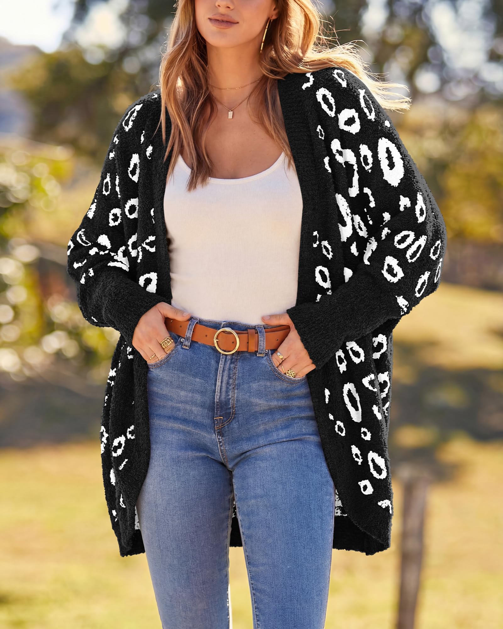 BTFBM Leopard Cardigan for Women Long Sleeve Open Front Cardigans Sweaters Pockets Loose Knit Fall Spring Outwear