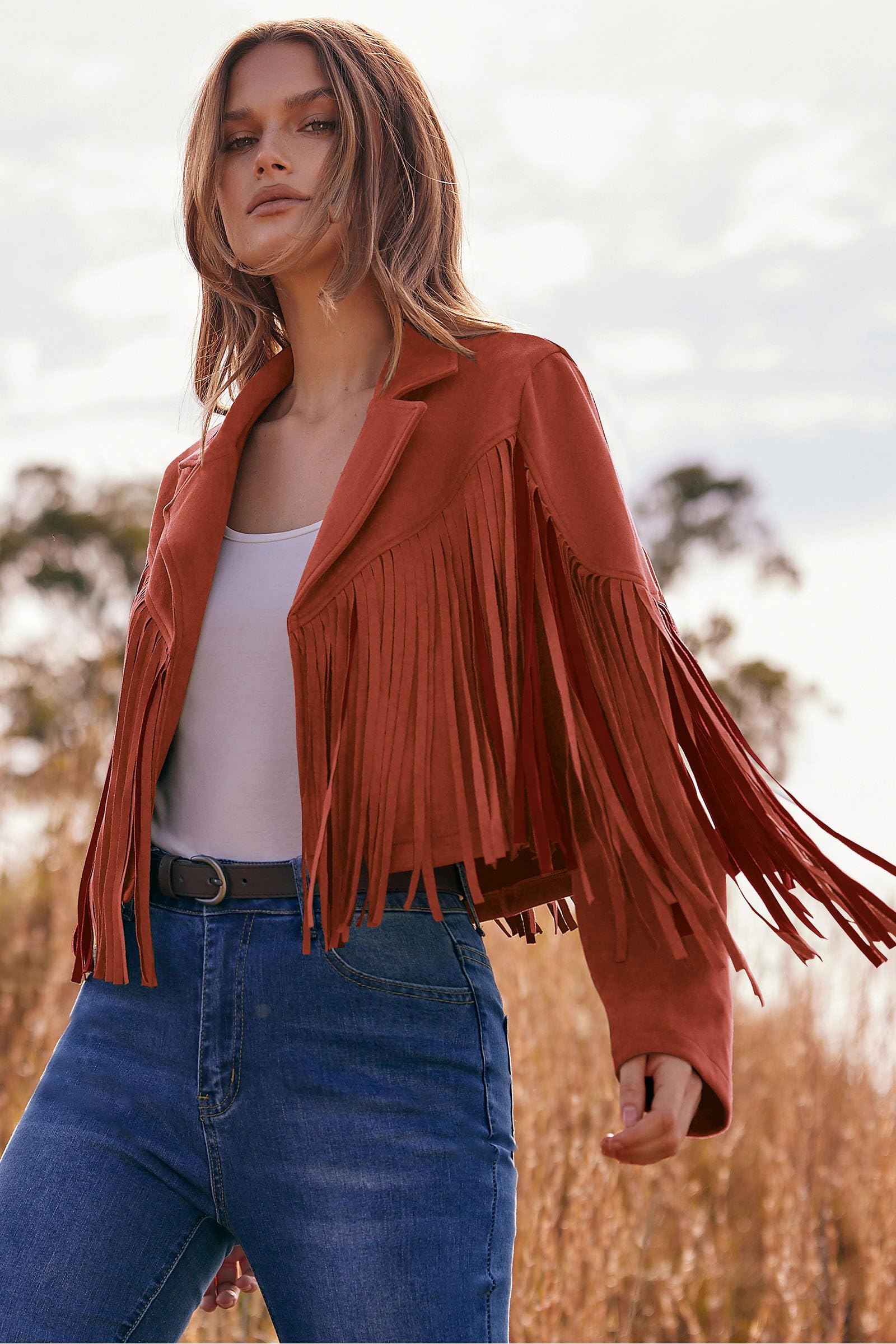 PRETTYGARDEN Women's Fringe Faux Suede Leather Jackets Fall Fashion Tassel Motorcycle Cropped Coats