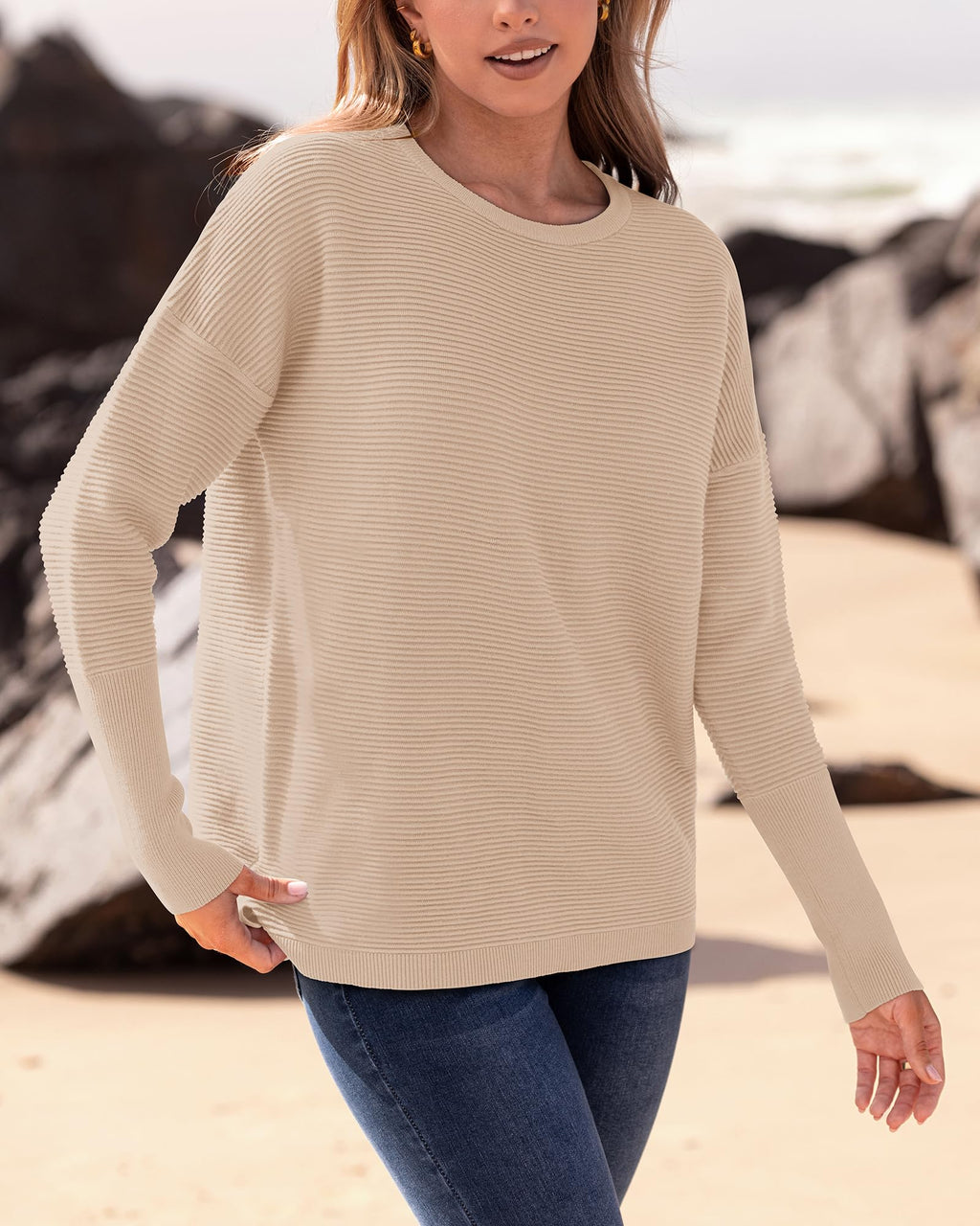 FreshPrettyFall Sweaters for Women Casual Long Sleeve Sweater Striped Loose Fit Pullover Tops