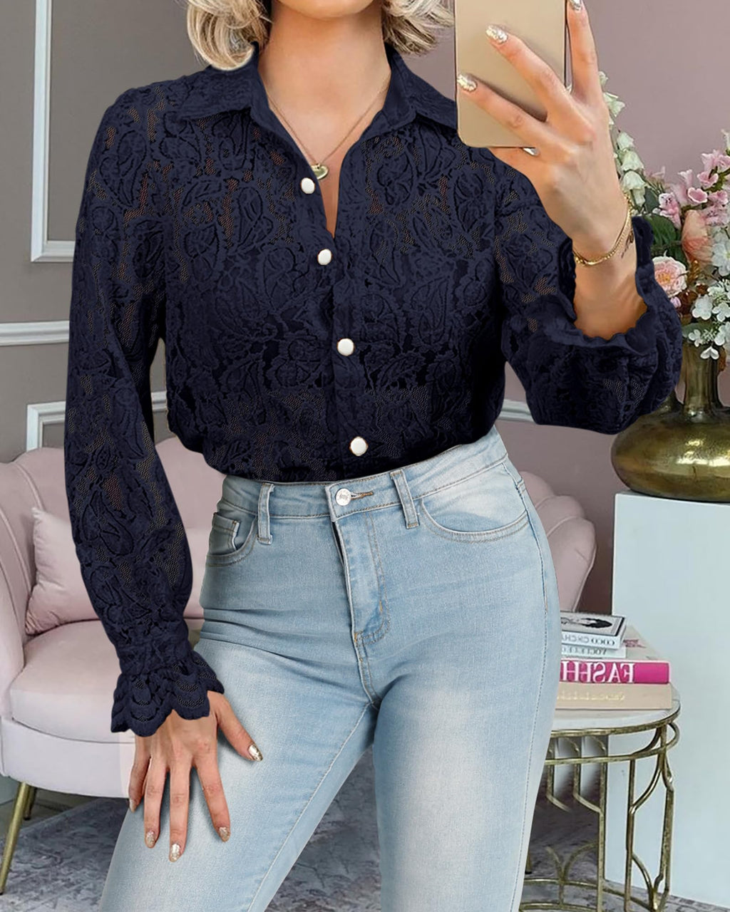 FreshPretty Long Sleeve Lace Blouses for Women Spring Dressy Casual Button Down Shirts Date Night Outfit Club Party Tops
