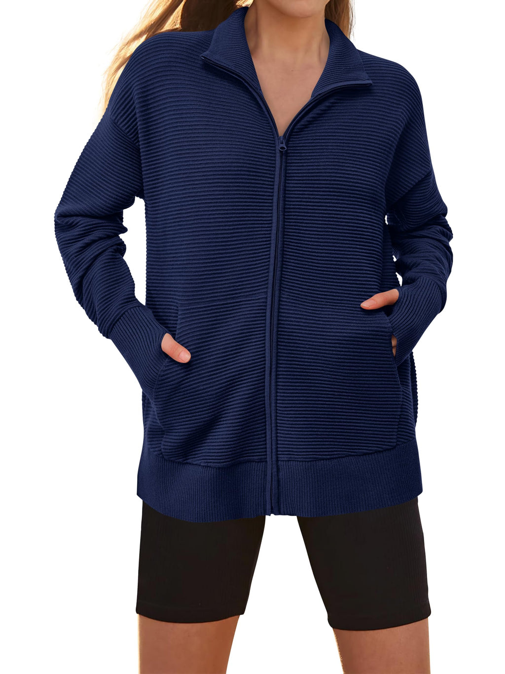 PRETTYGARDEN Womens Fall Long Sleeve Zip Up Cardigan Sweaters Casual Loose Collared Ribbed Knit Tops Jackets Thumb Hole