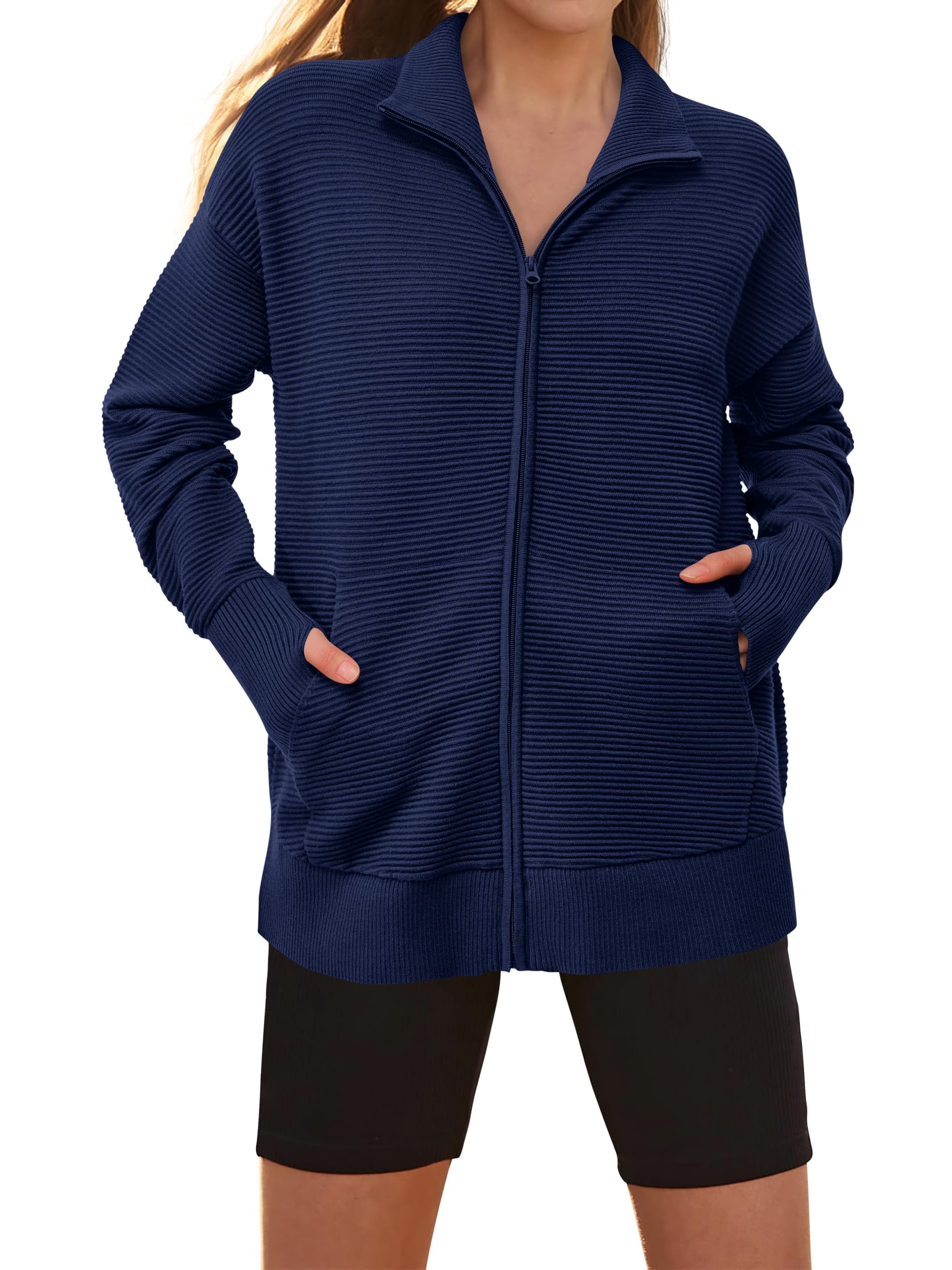 PRETTYGARDEN Womens Fall Long Sleeve Zip Up Cardigan Sweaters Casual Loose Collared Ribbed Knit Tops Jackets Thumb Hole