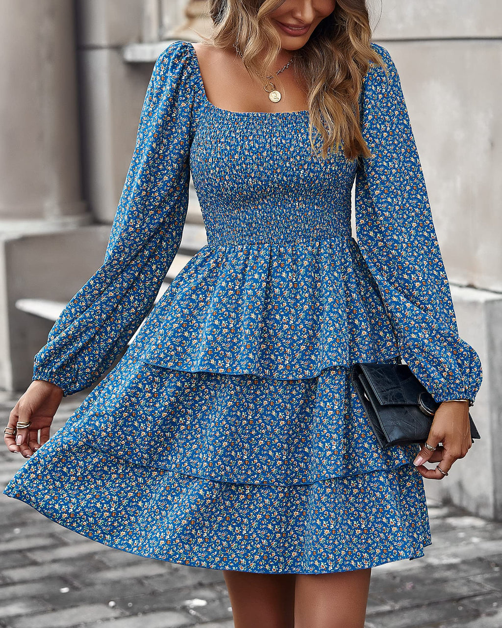BTFBM Womens Long Sleeve Dress Summer Vacation Square Neck Smocked Floral Mini Boho Spring Wedding Guest Dresses