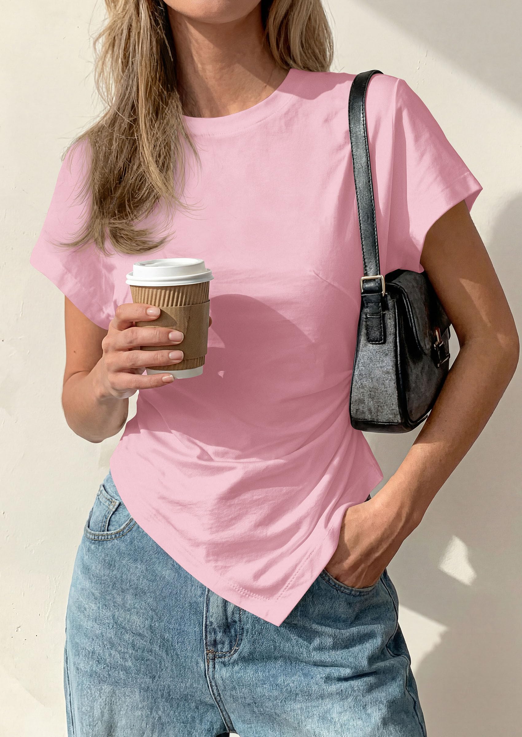 PRETTYGARDEN Womens Short Sleeve Crew Neck Trendy Shirts Spring Summer Y2K Going Out Tops Asymmetrical Ruched Blouse