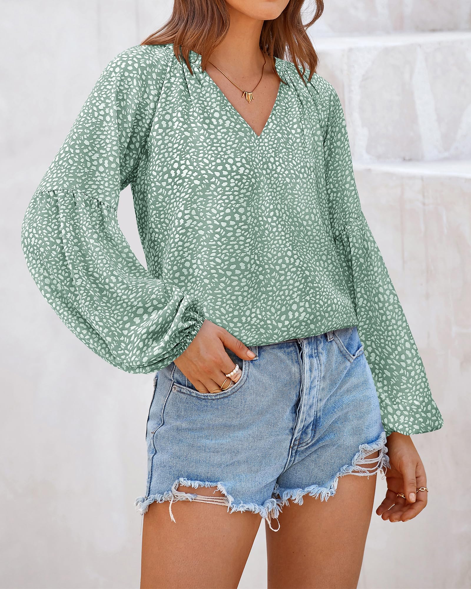 FreshPretty Blouses for Women Floral Boho Tops V Neck Lightweight Long Sleeve Shirts Fall Dressy Casual Vacation Outfits