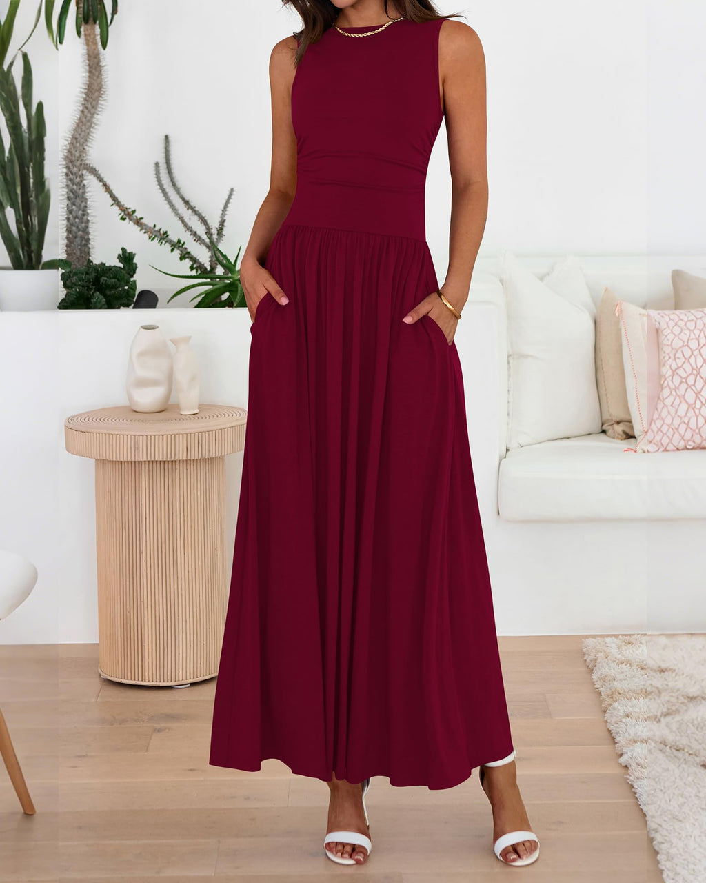 BTFBM Summer Maxi Dresses for Women Spring Sleeveless Casual Ruched High Waisted Long Sundress Flowy Beach Dress