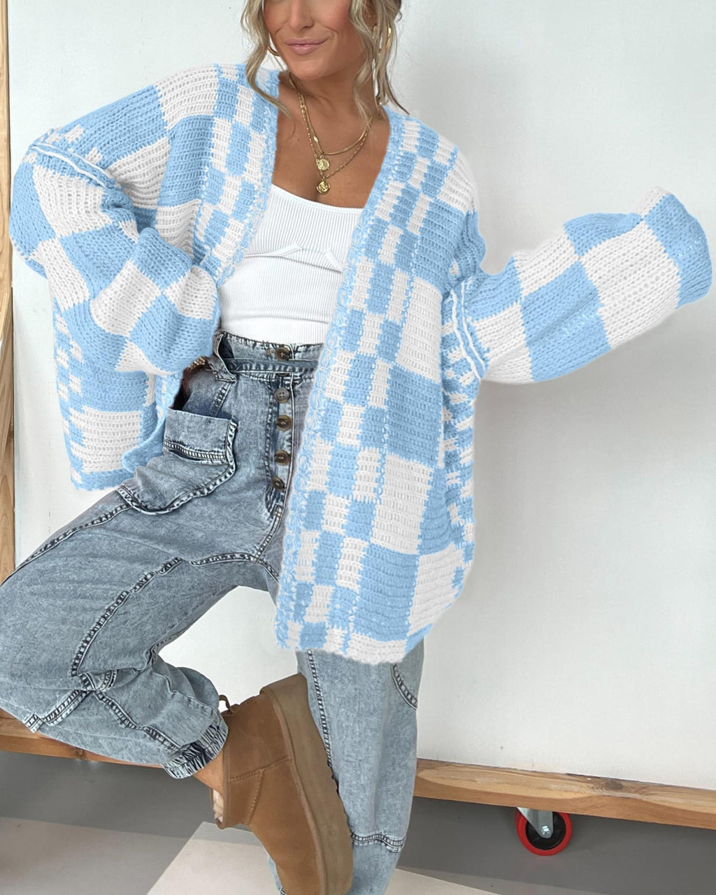 FreshPretty Casual Cardigan Sweater for Women Fall Long Sleeve Open Front Chunky Knit Sweaters Checkered Outwear Coat