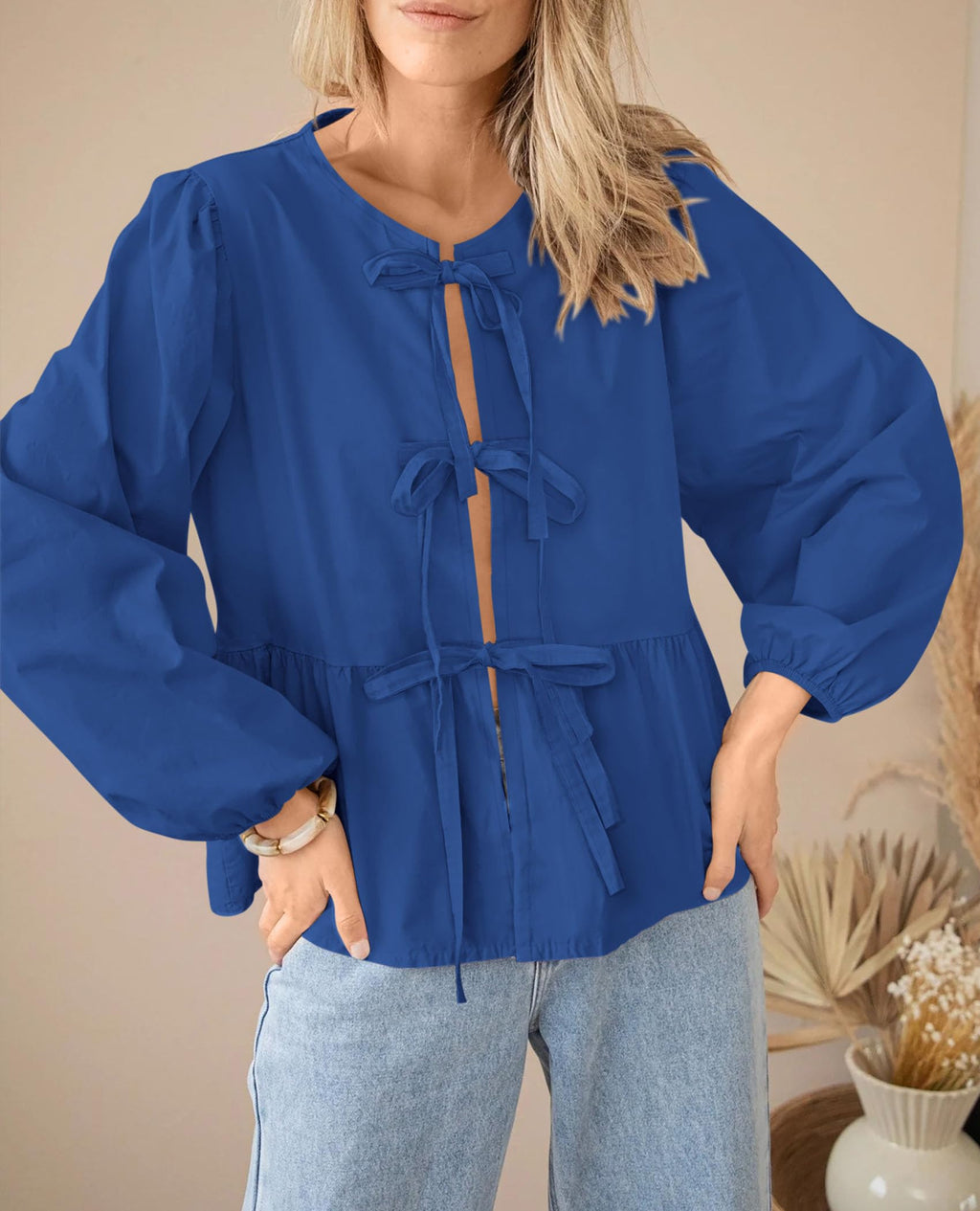 PRETTYGARDEN Women's Spring Fall Babydoll Peplum Blouse Shirt Puff Long Sleeve Bow Tie Front Trendy Cute Y2K Going Out Tops