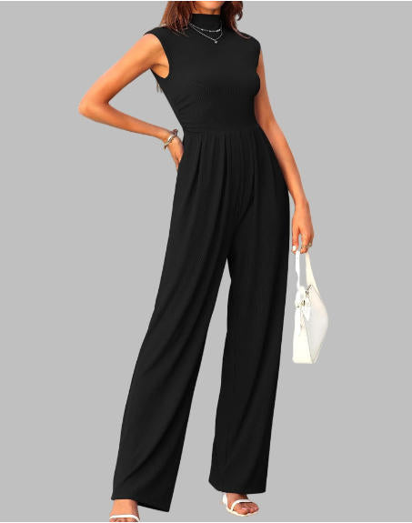 FreshPretty Womens Jumpsuit Dressy Casual Summer Outfits One Piece Cap Sleeve Mock Neck Wide Leg Pants Rompers with Pockets