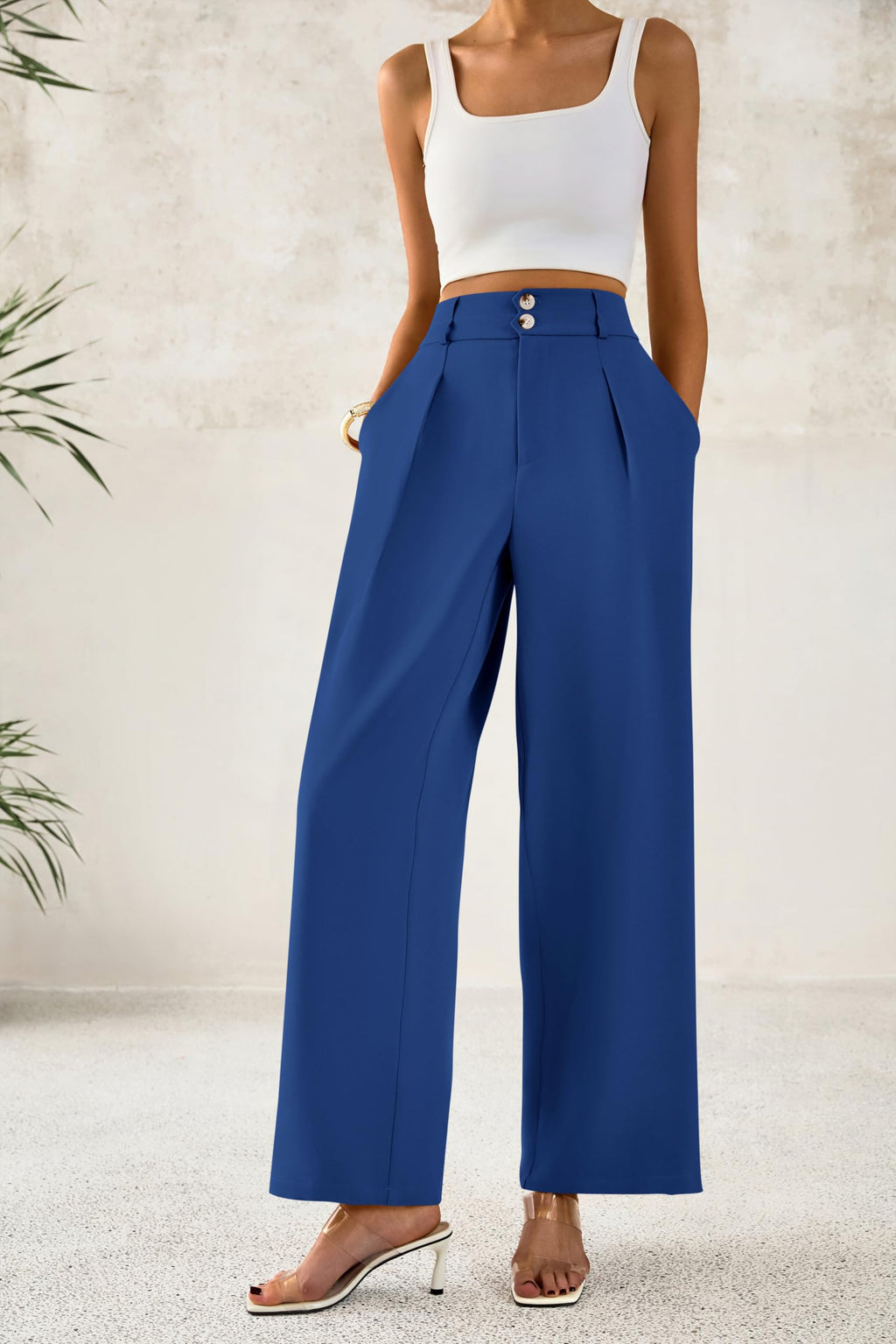 BTFBM Women Wide Leg Dress Pants High Waisted Button Pleated Business Casual Trousers Office Work Palazzo Pants