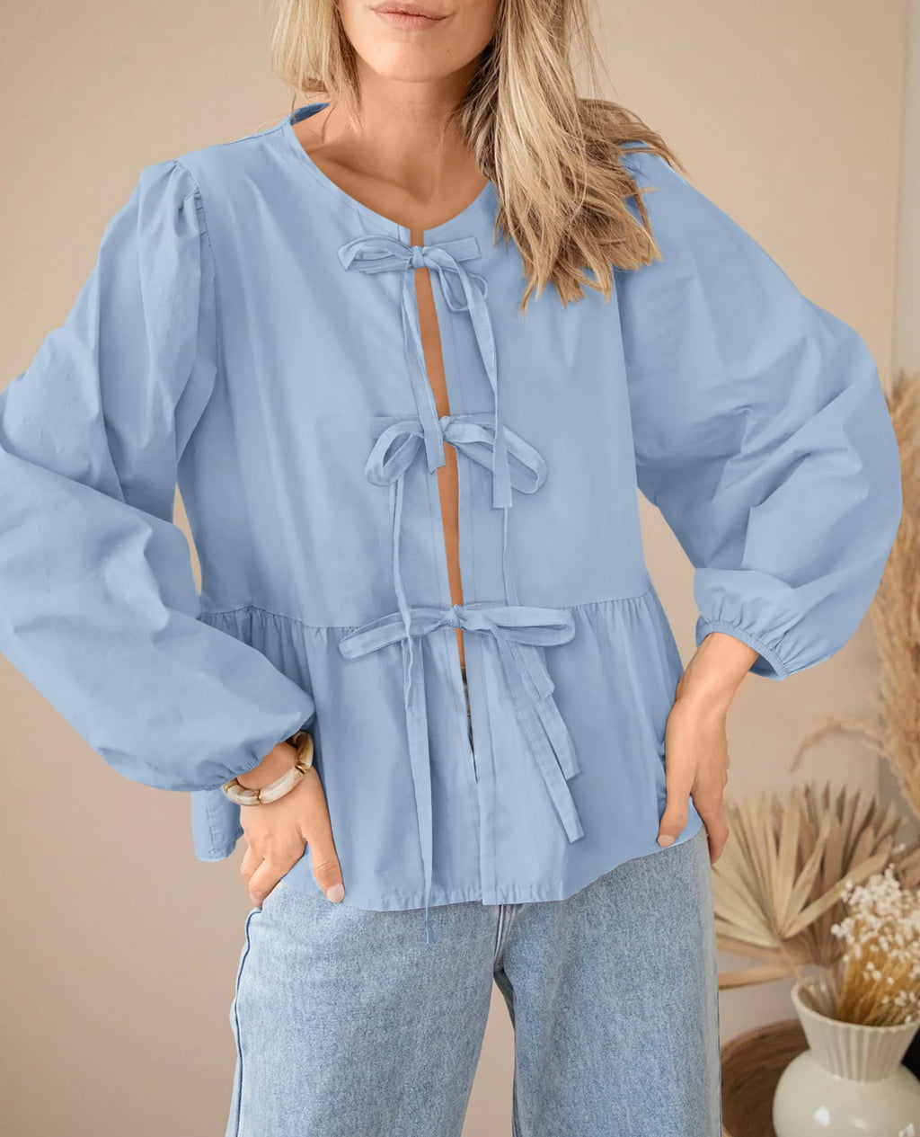 PRETTYGARDEN Women's Spring Fall Babydoll Peplum Blouse Shirt Puff Long Sleeve Bow Tie Front Trendy Cute Y2K Going Out Tops