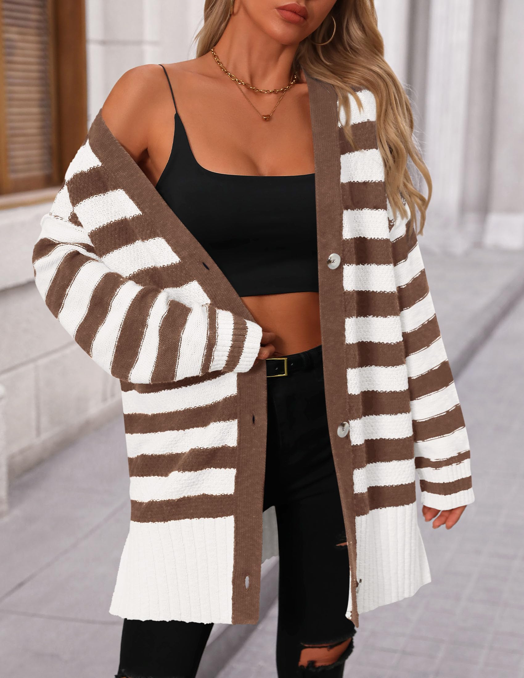 PRETTYGARDEN Women's Winter Striped Cardigan Sweaters Long Sleeve Button Down Open Front Chunky Knit Oversized Sweater Coat