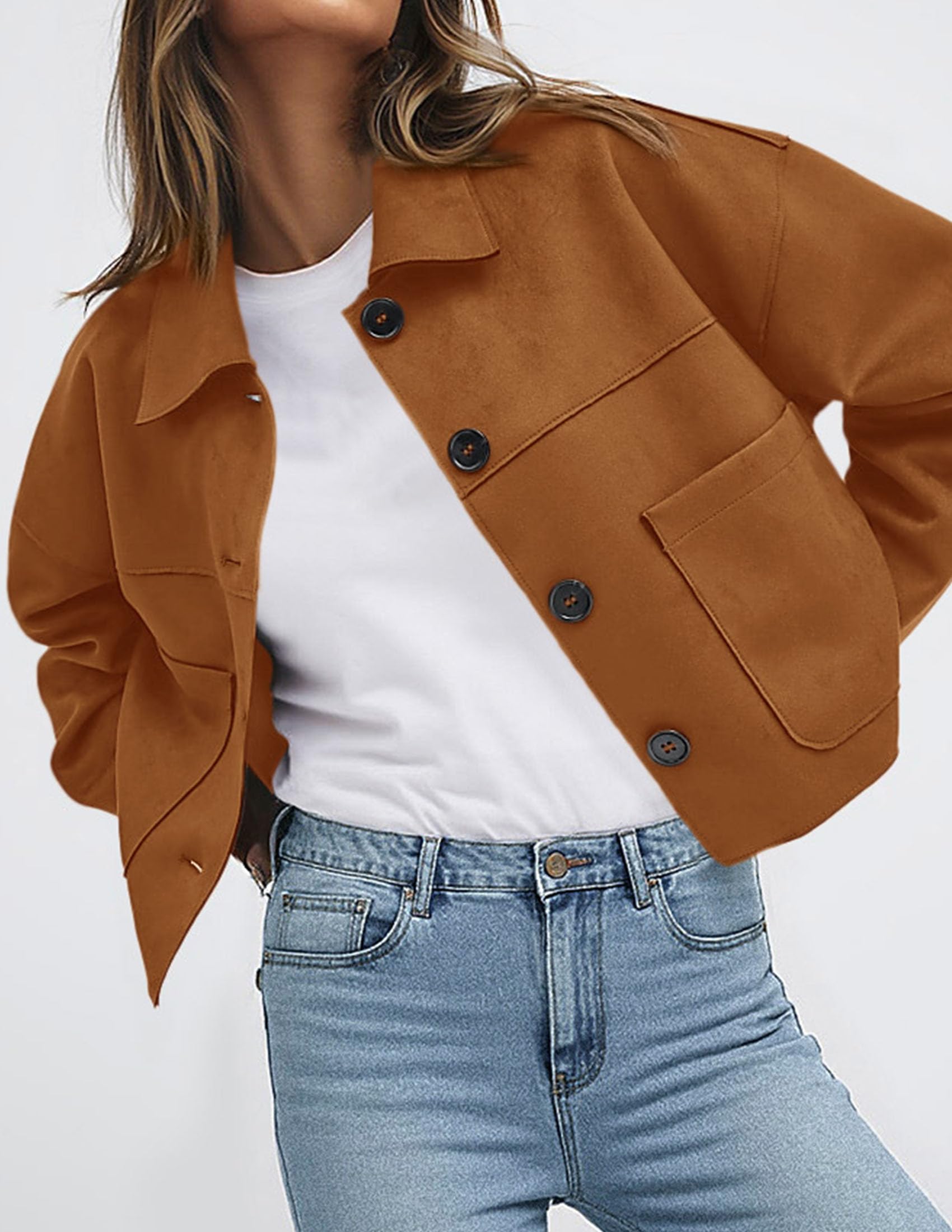 PRETTYGARDEN Women's Faux Suede Cropped Jacket Casual Lightweight Fall Fashion Winter Coats Outerwear Trendy Clothes