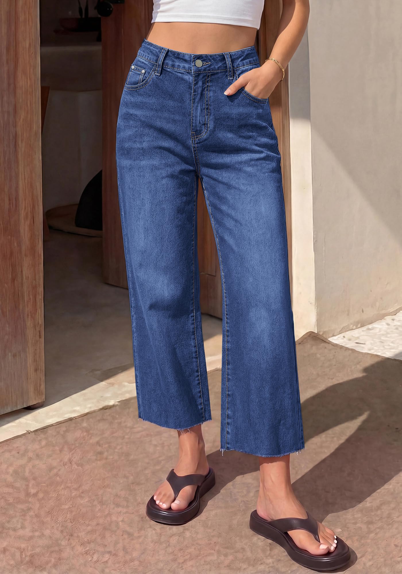 BTFBM Jeans for Women Summer High Waisted Button Straight Leg Stretchy Cropped Raw Hem Trendy Denim Pants Pockets